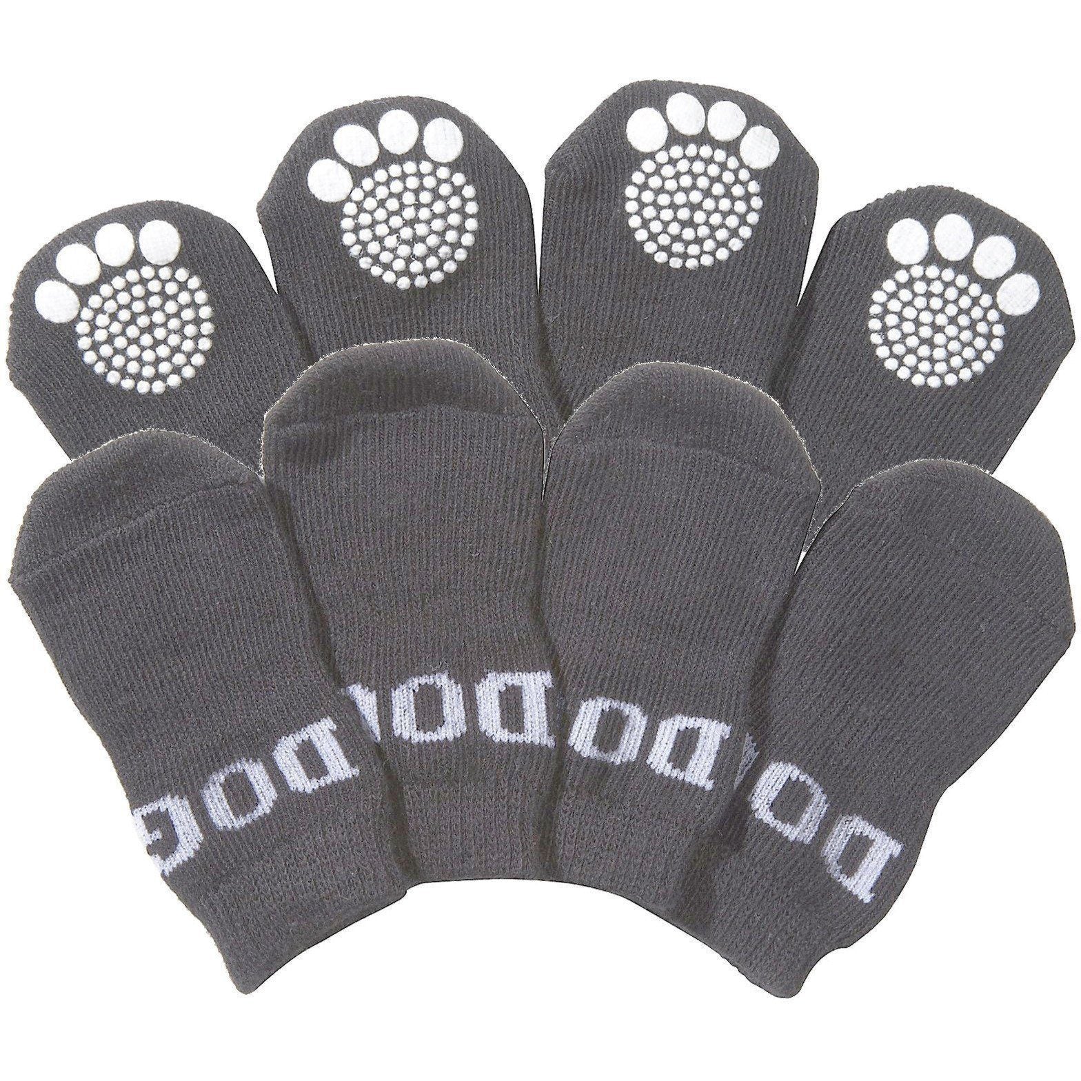 Set of 4 grey dog socks with paw-print grip soles, breathable anti-slip