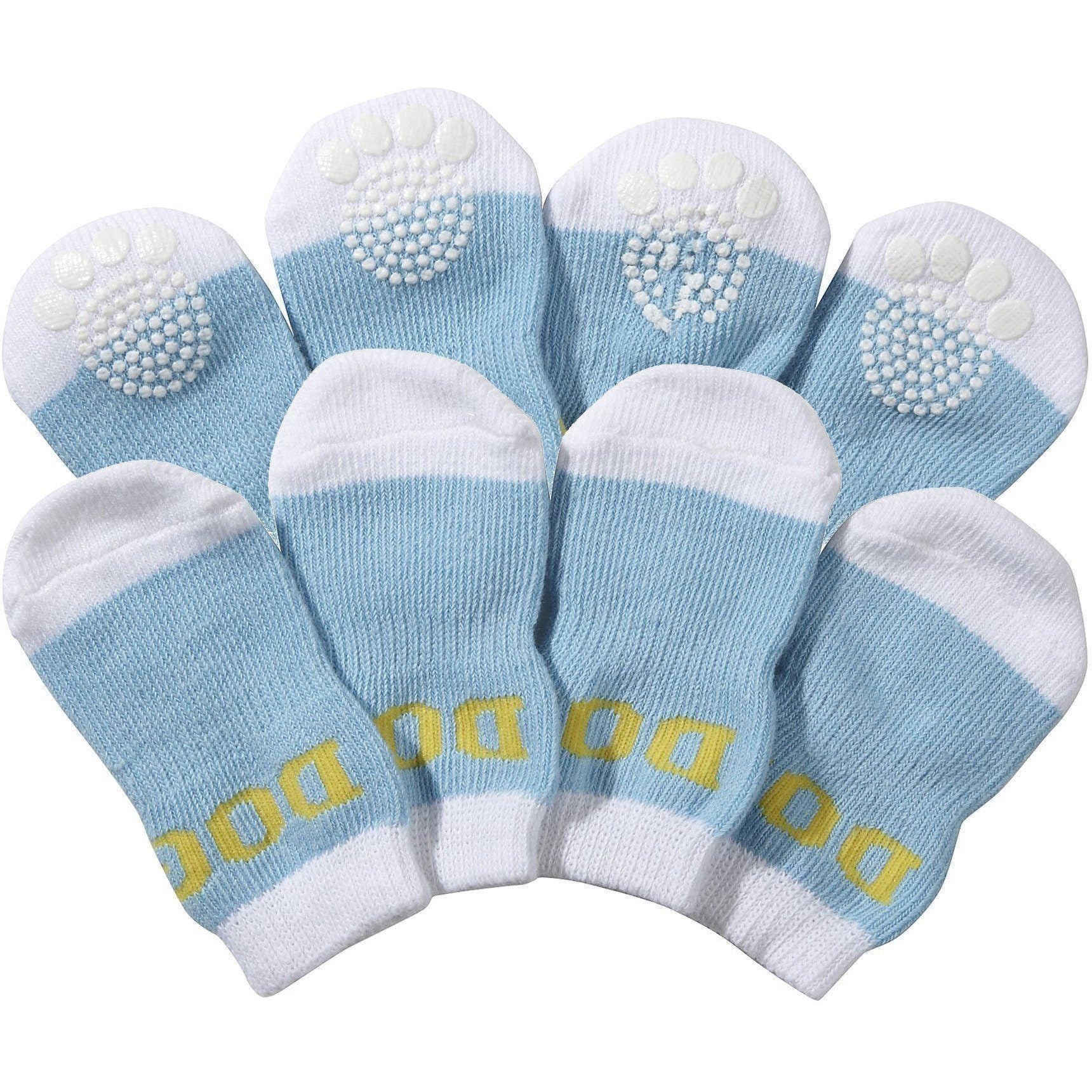 Set of 4 blue and white dog socks with paw-print grip soles, anti-slip