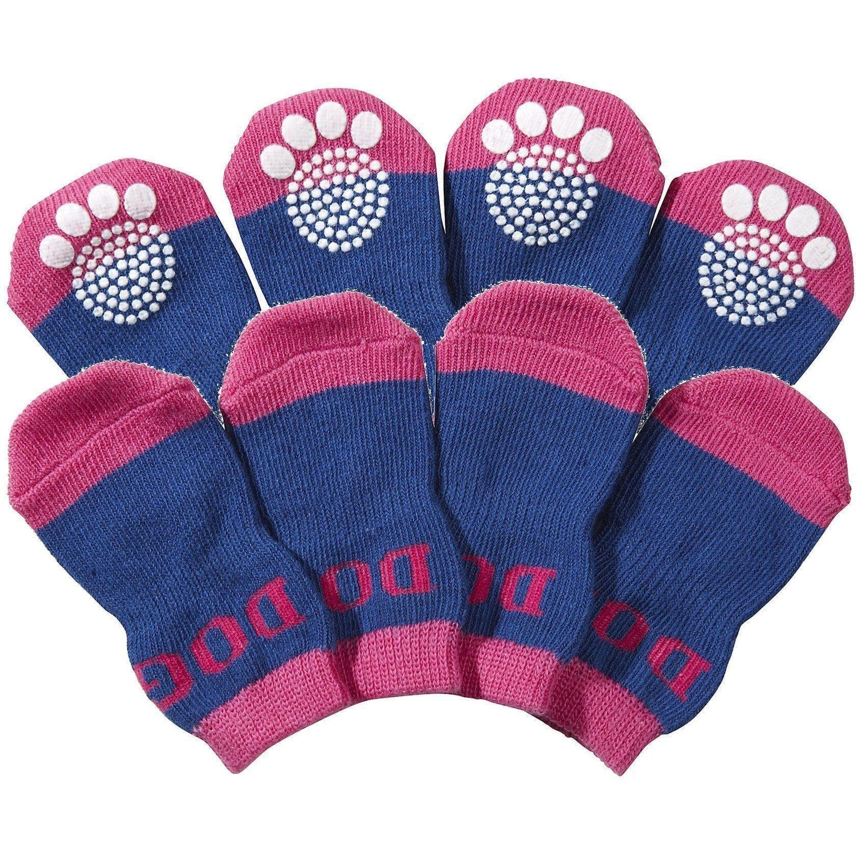 Set of 4 purple and blue dog socks with pink bands and paw-print grip soles