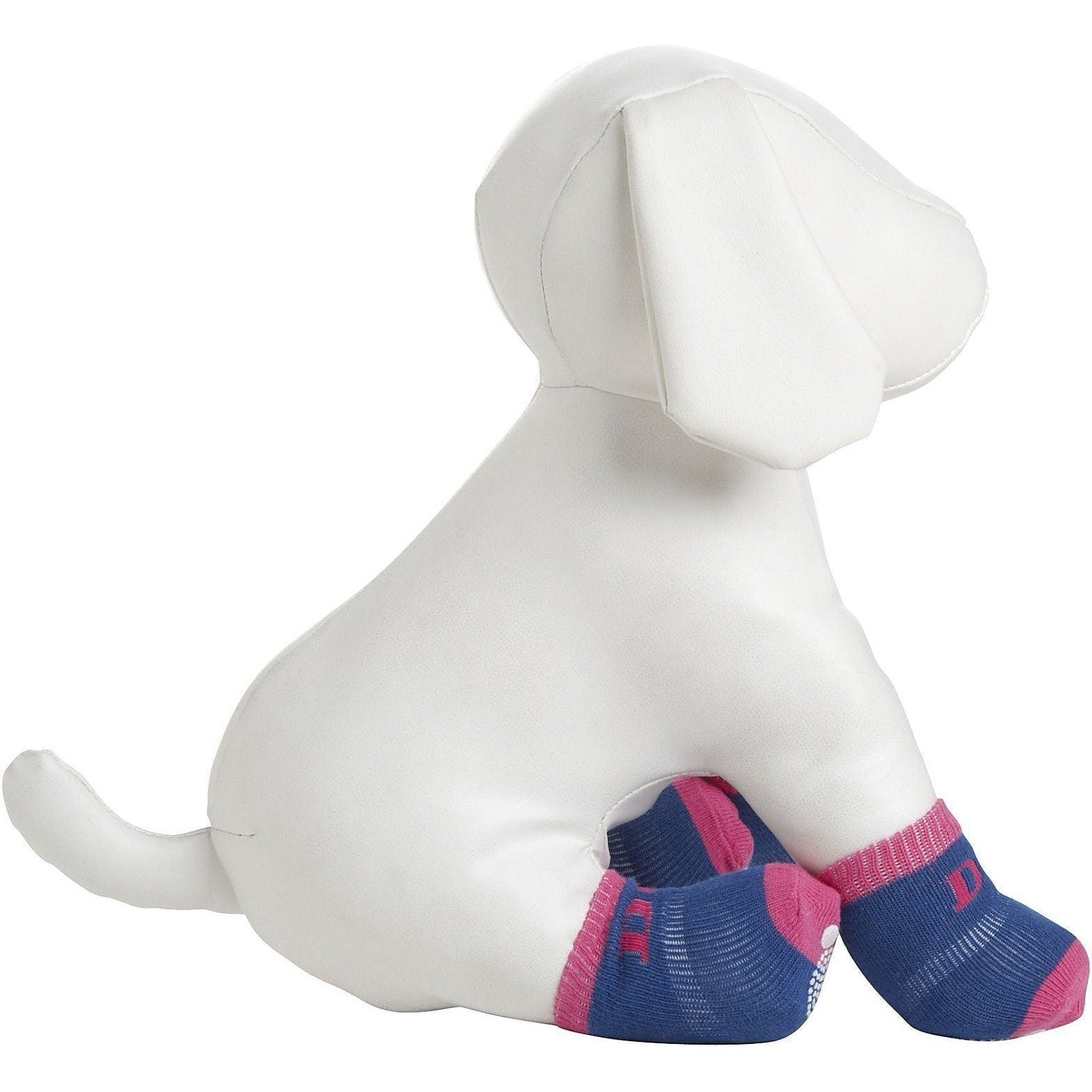 Purple and blue anti-slip dog socks with pink accents and paw-print grip soles