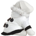White dog parka puffer coat, side view with faux-fur hood and black ribbed leg bands