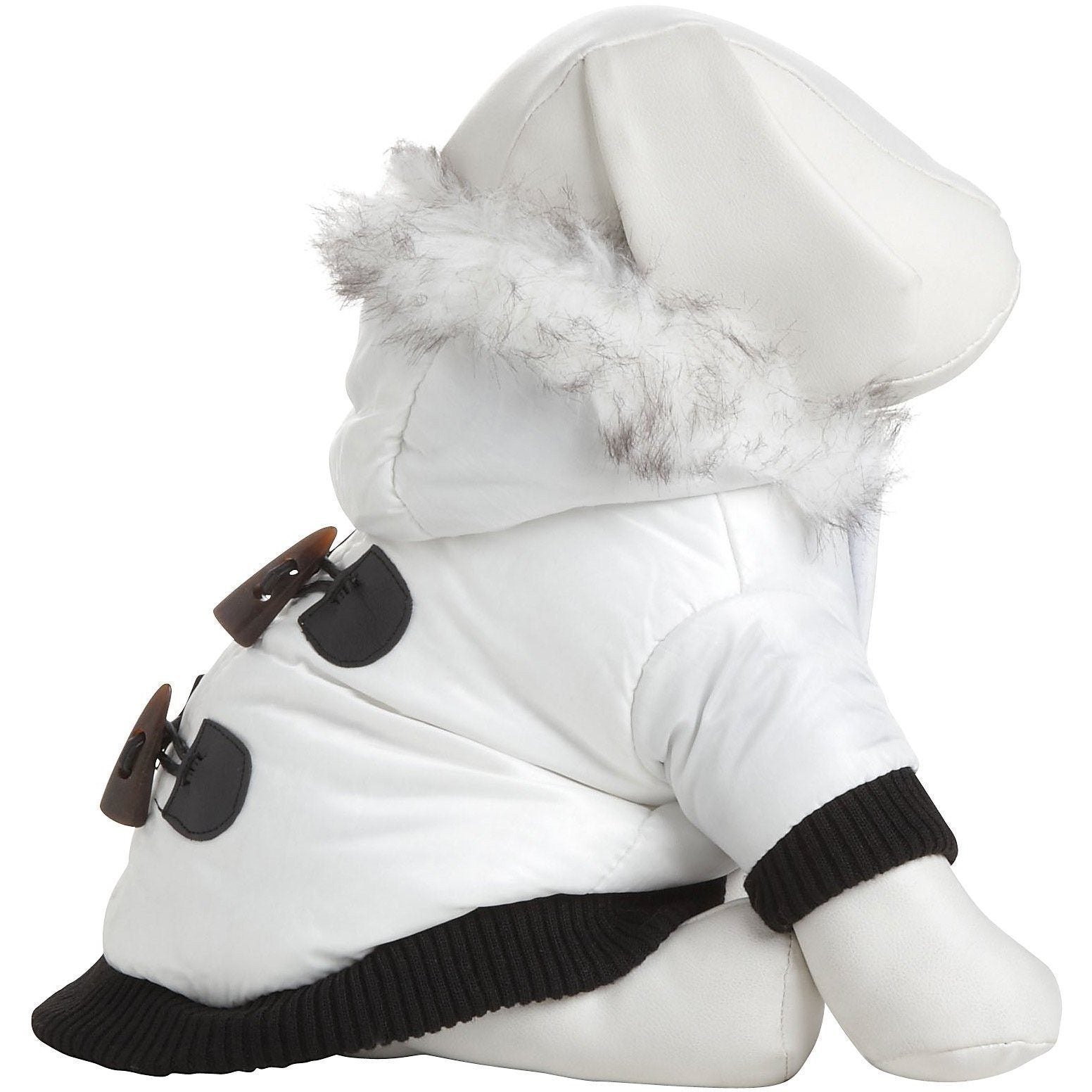 White dog parka puffer coat, side view with faux-fur hood and black ribbed leg bands