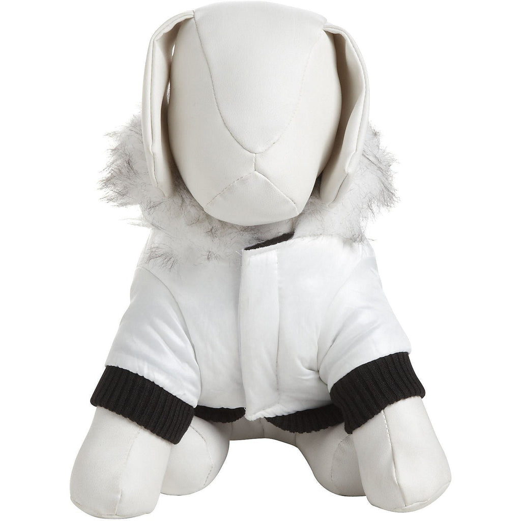 White dog parka coat with faux-fur hood and black ribbed cuffs; front view