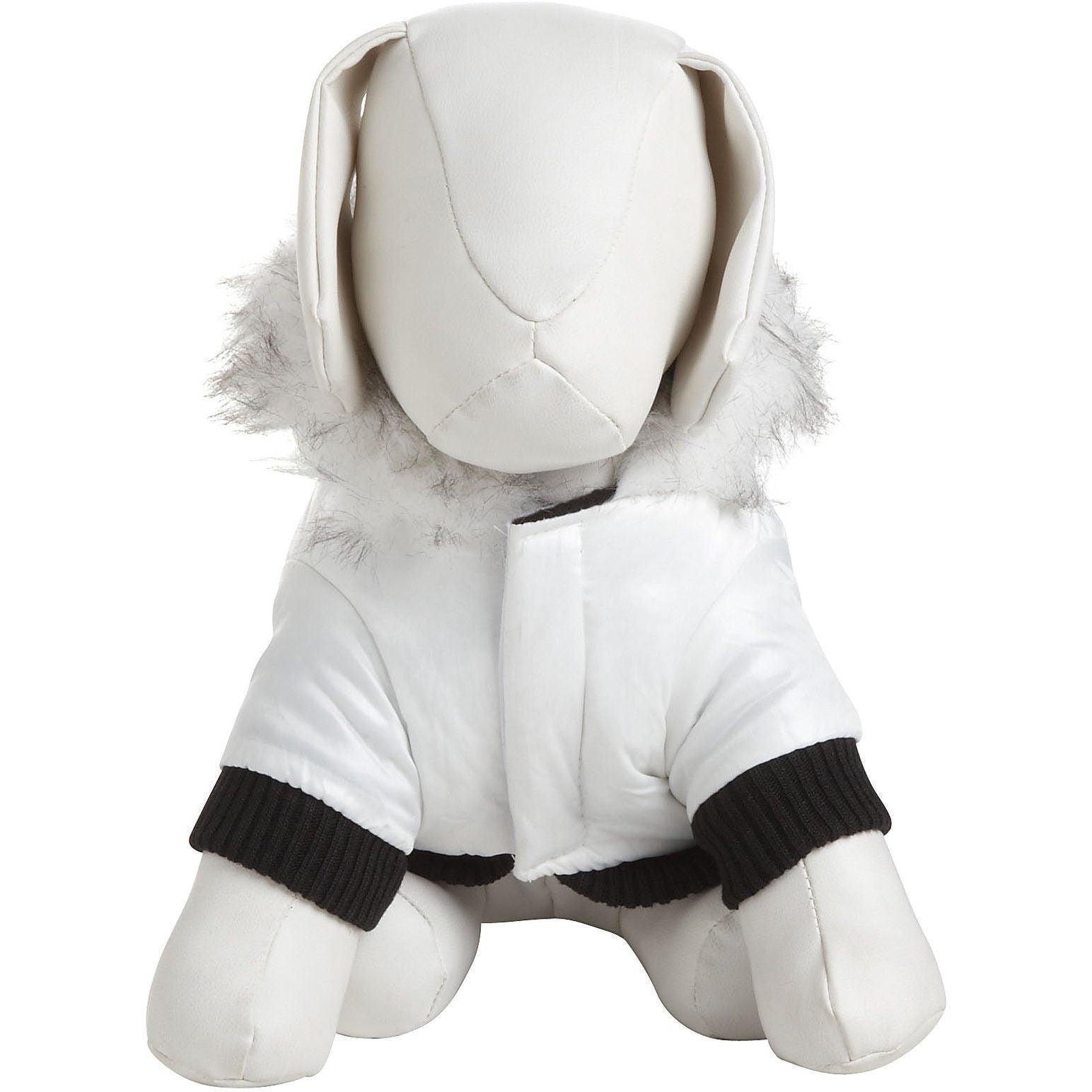 White dog parka coat with faux-fur hood and black ribbed cuffs; front view