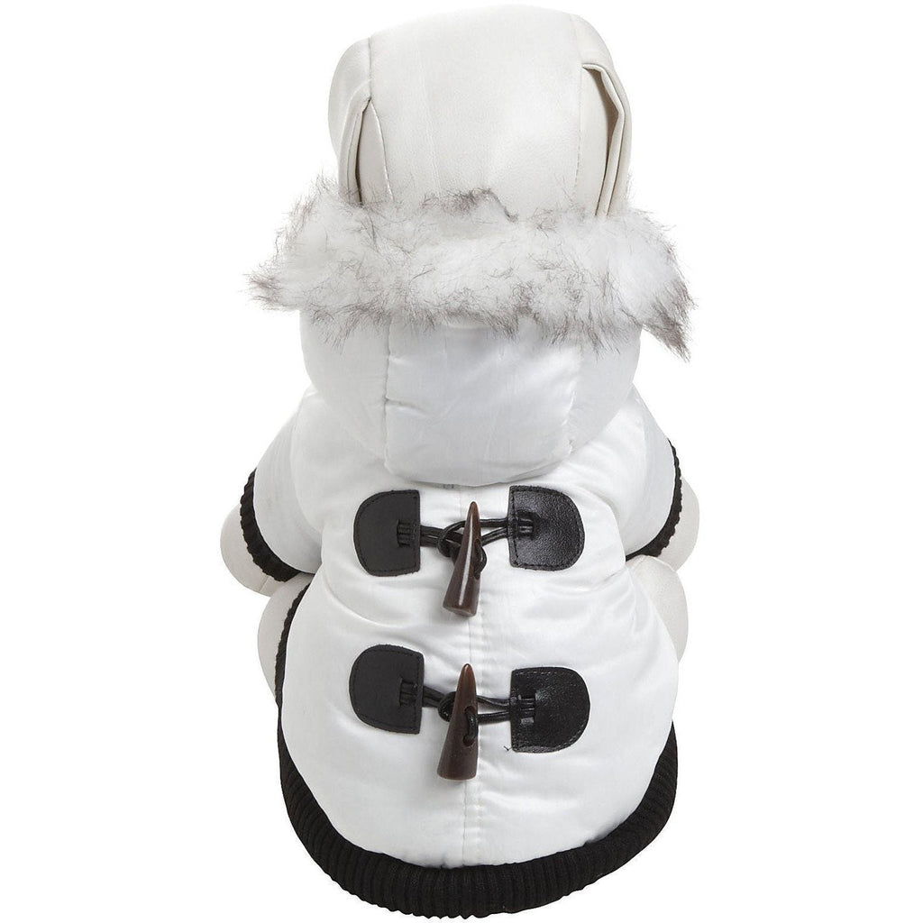 Back view of white dog insulated parka with faux-fur hood, black ribbed hem and toggle fasteners