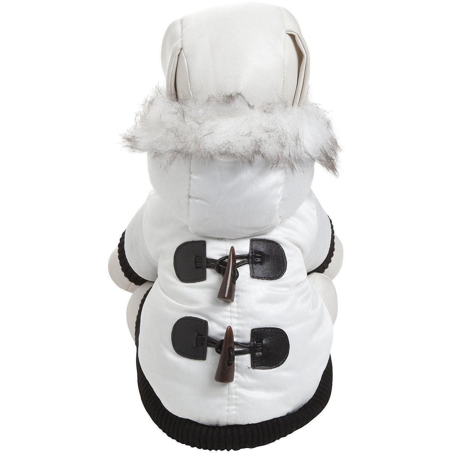 Back view of white dog insulated parka with faux-fur hood, black ribbed hem and toggle fasteners