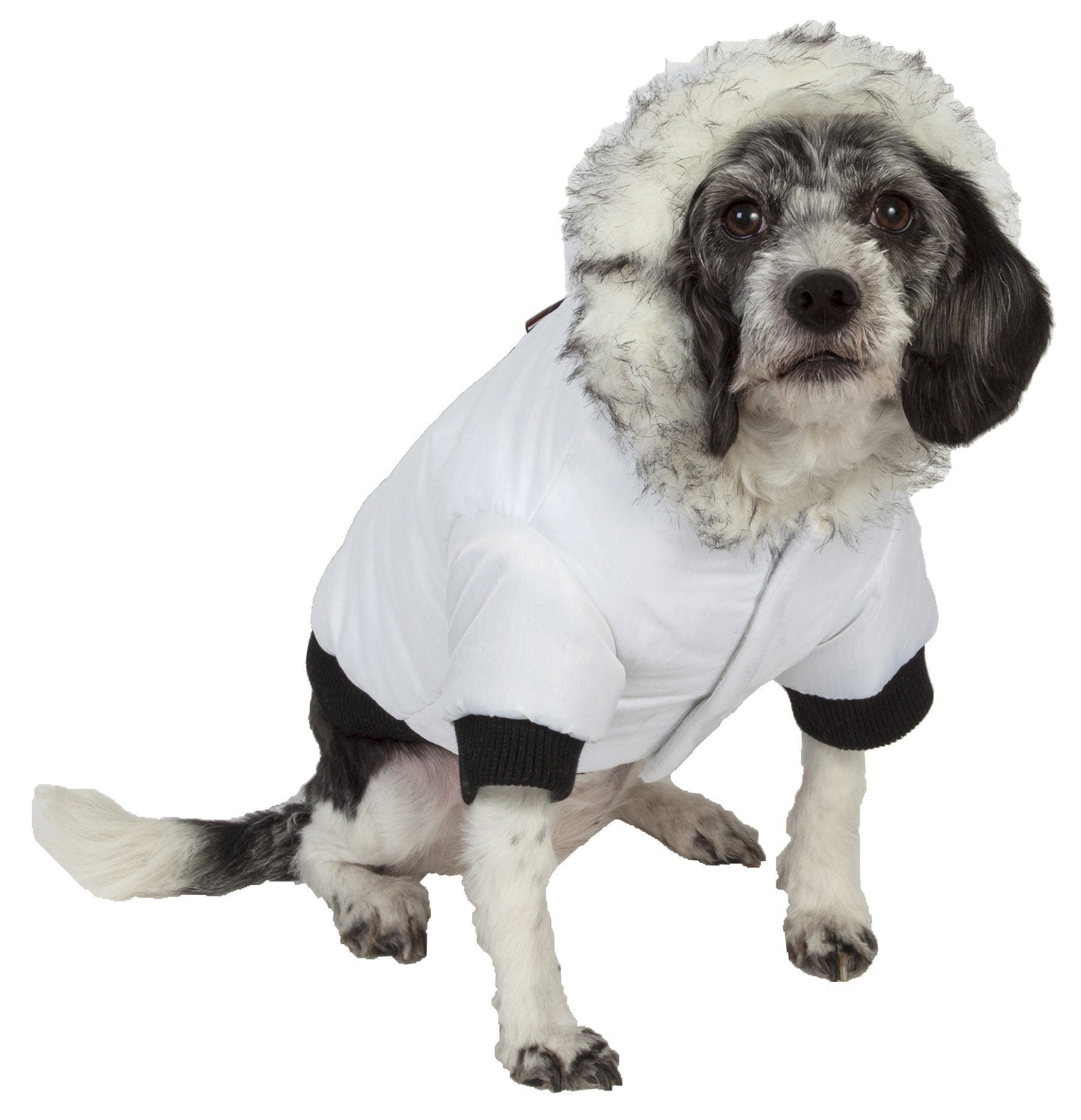White insulated dog parka with faux-fur hood, black ribbed cuffs and chest toggle tabs