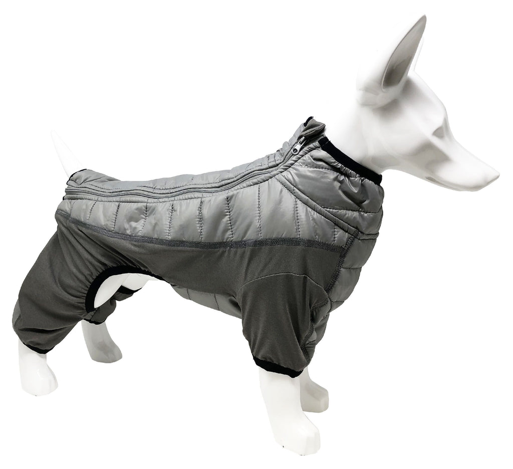 Gray dog jacket with padded shoulders and chest, featuring leg openings and collar