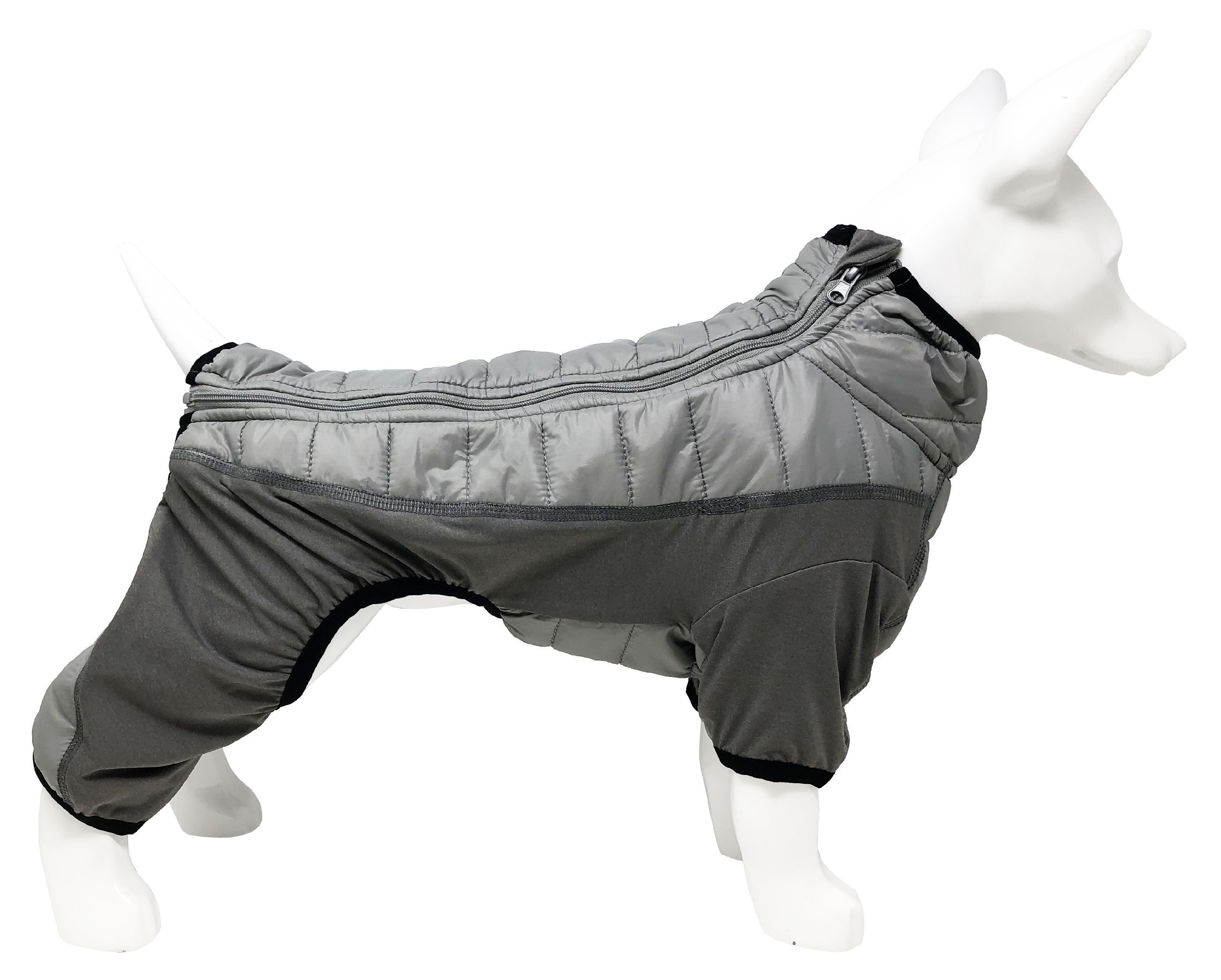 Gray full-body dog jacket with front zipper, quilted panels, and elastic leg cuffs