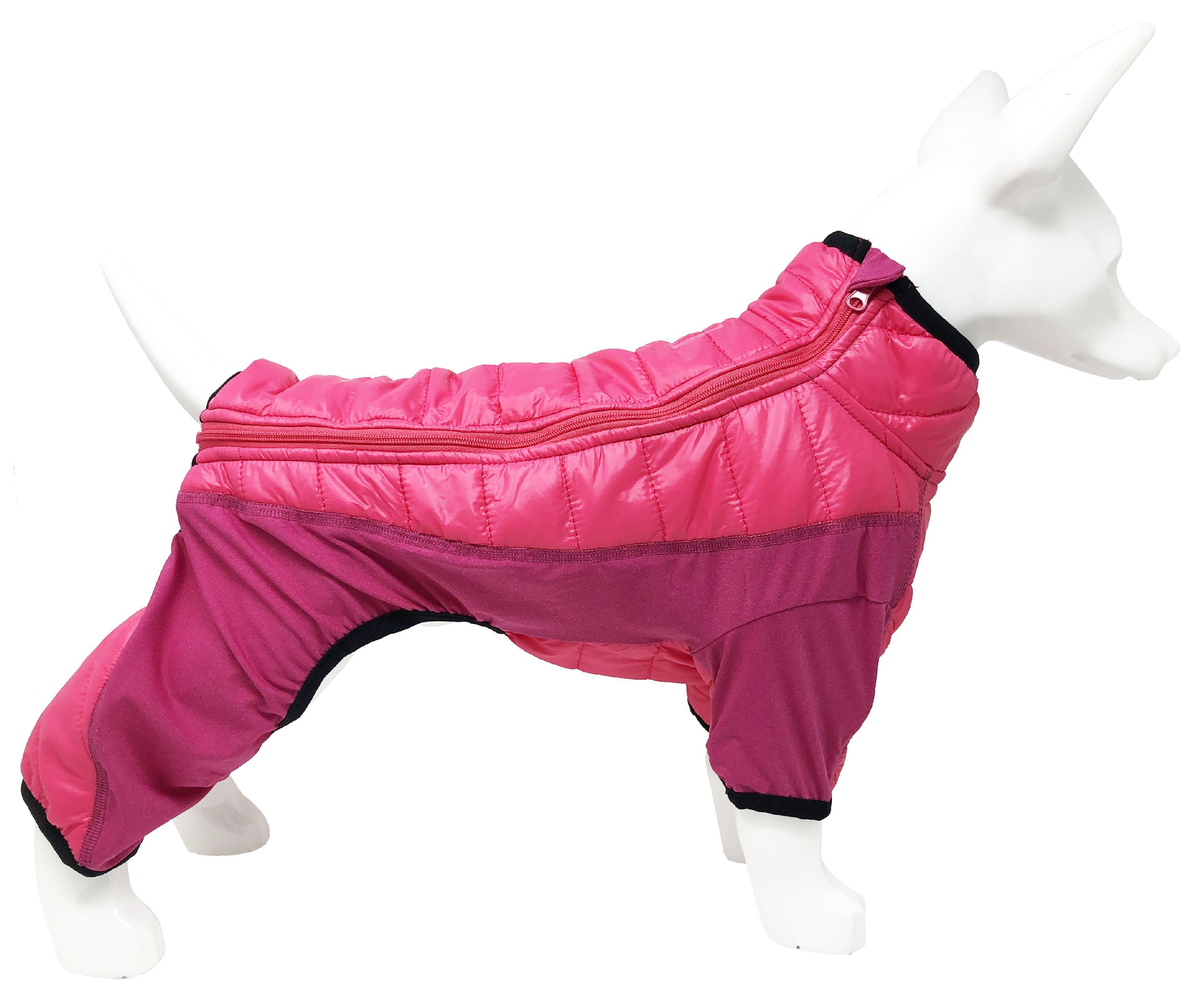 Pink dog full-body jacket with quilted padding, front zipper, and elastic leg openings