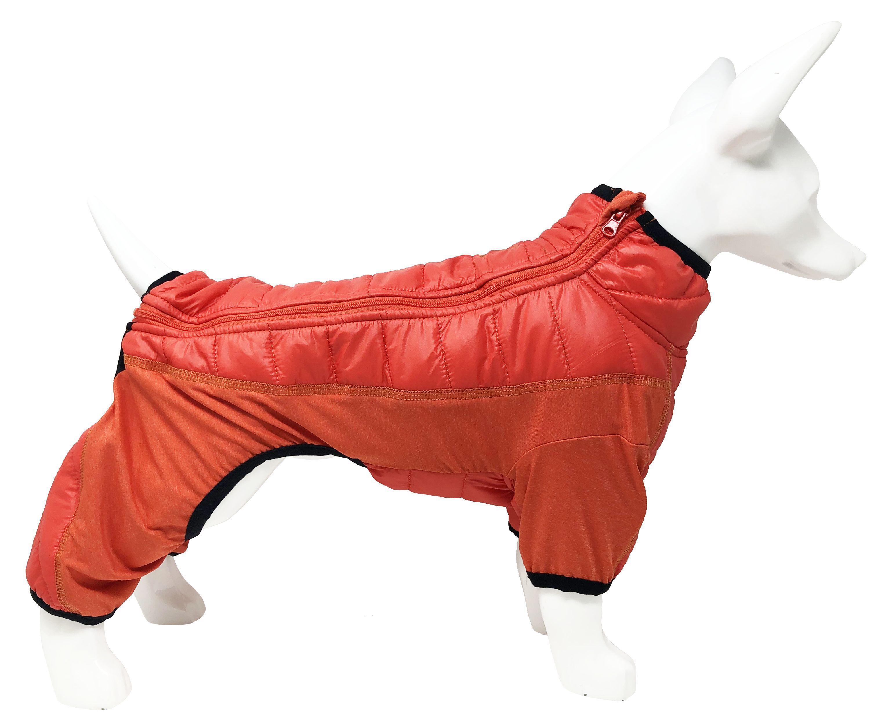 Orange-red full-body dog jacket, quilted padding with black leg trim