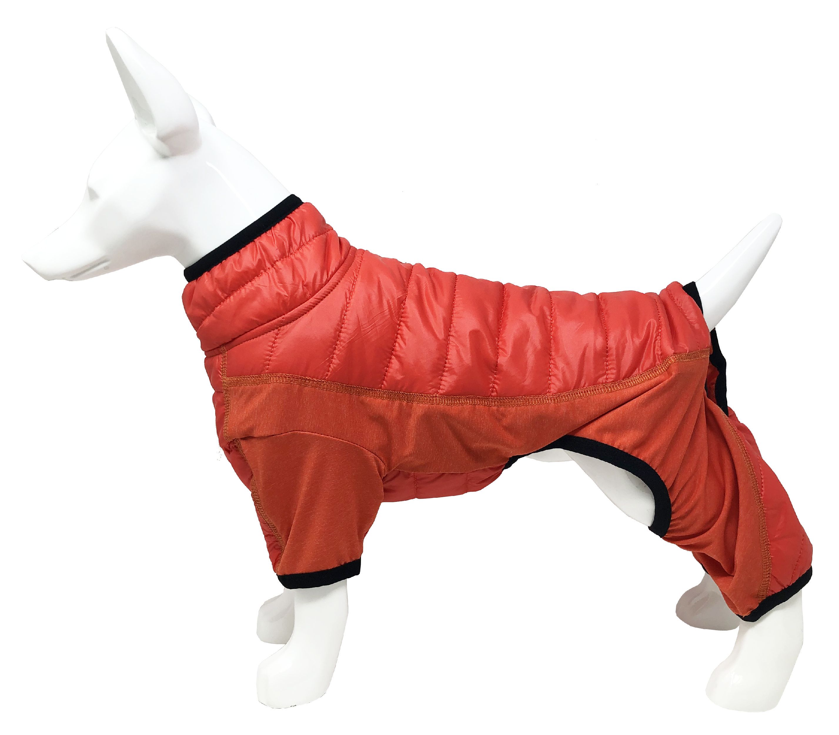 Orange-red dog jacket with padded back and black leg openings