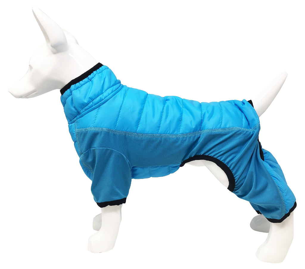 Blue full-body dog coat with side panels and open belly design over legs