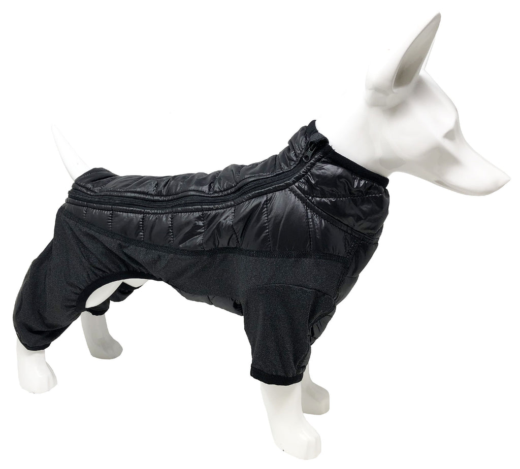 Black full-body dog jacket with front zipper and padded chest over two forelegs