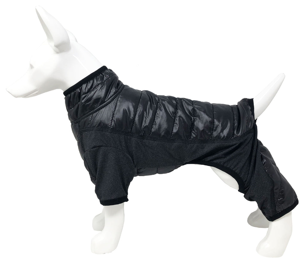 Black dog jacket in side view with adjustable collar and elastic leg cuffs