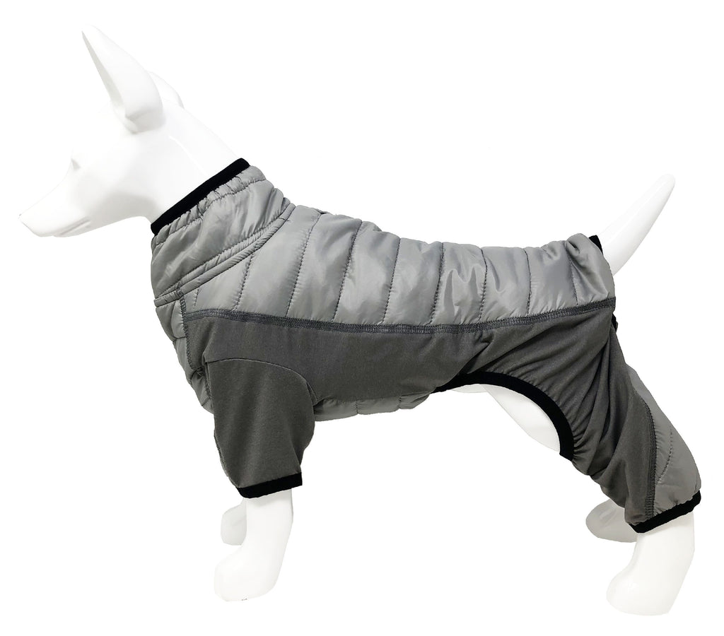 Gray dog full-body jacket, side view with quilted back and open belly cutout