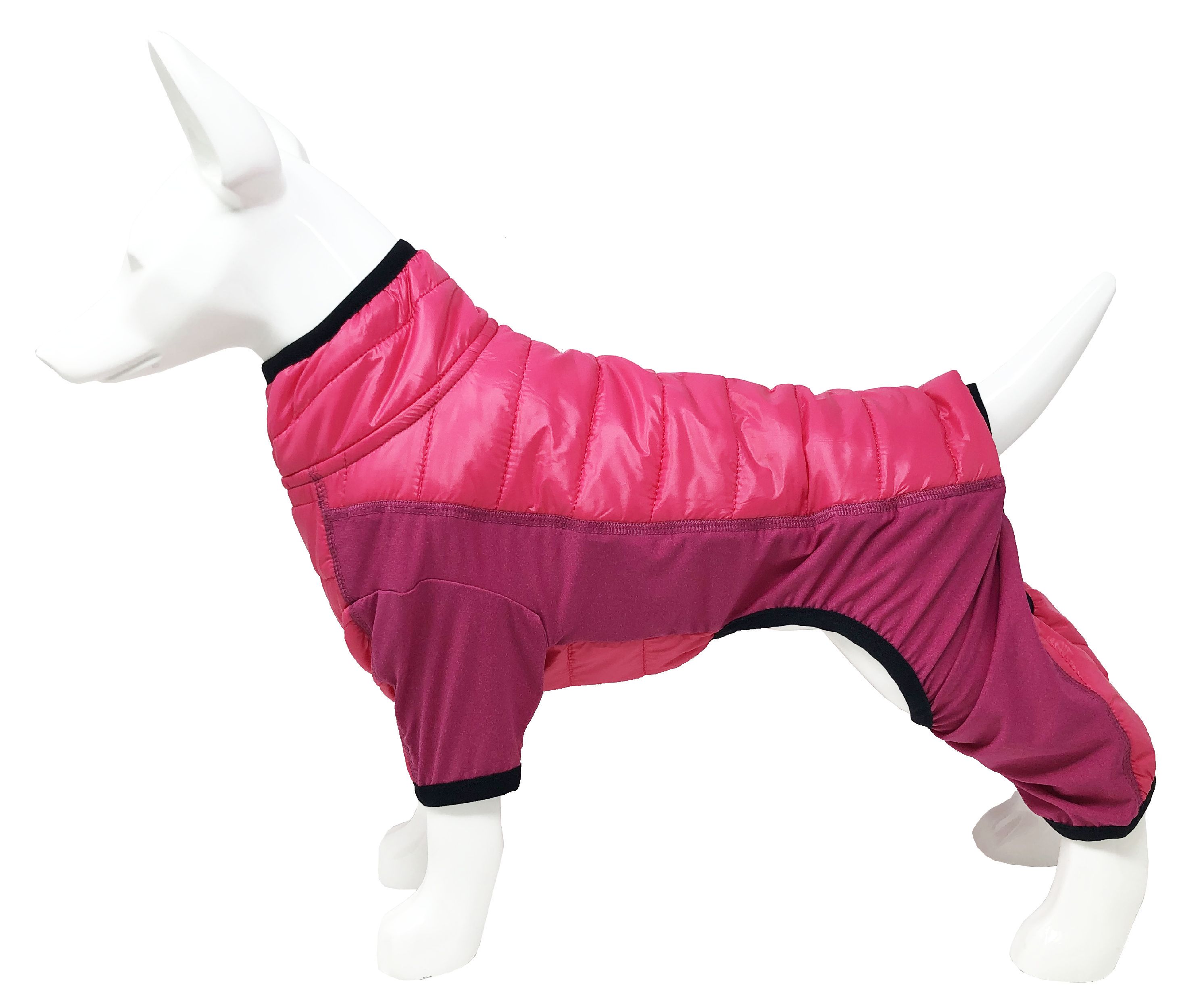 Pink quilted dog coat with black neckline and elastic leg panels