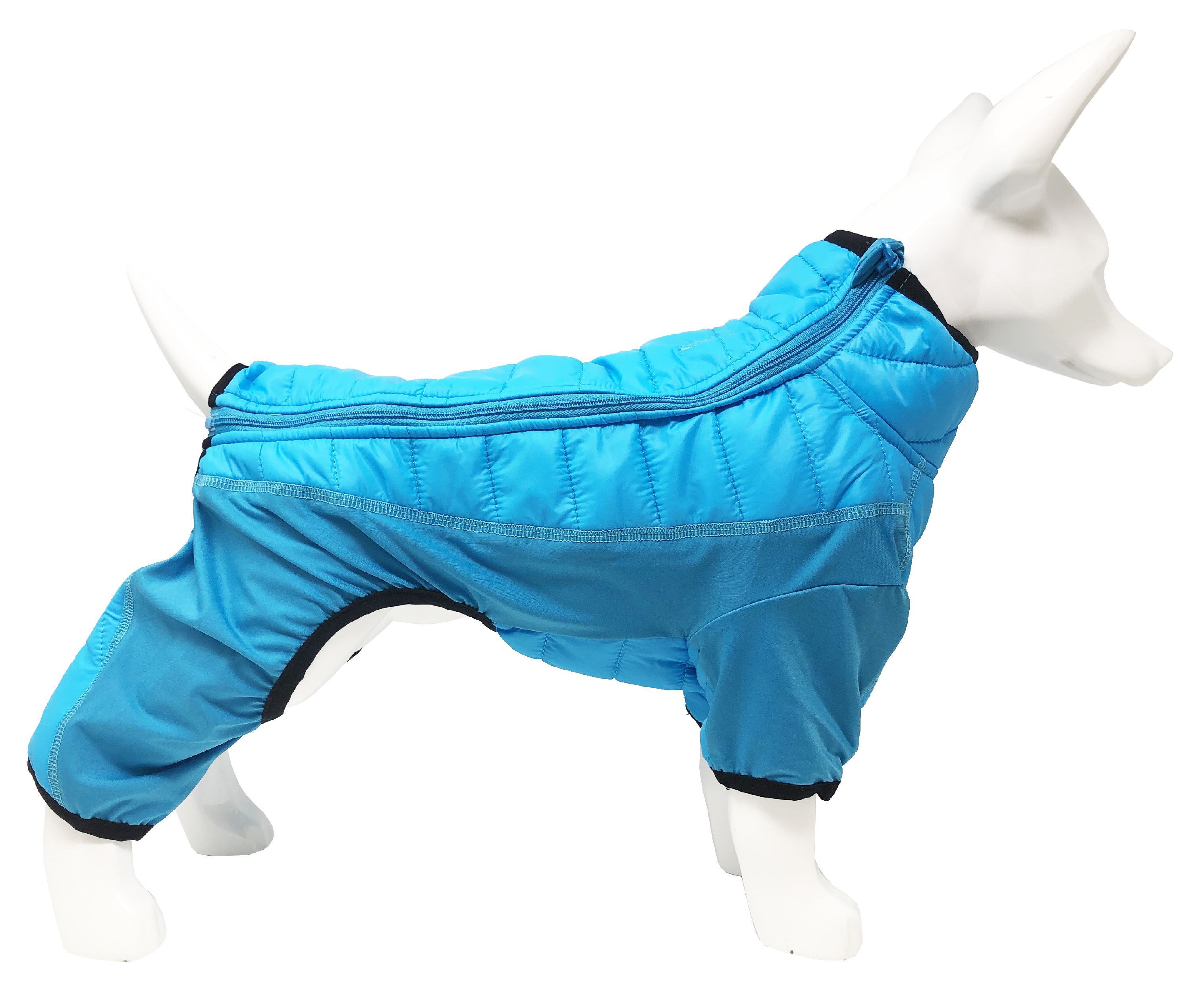 Blue full-body dog jacket with quilted padding, front zipper, and leg openings