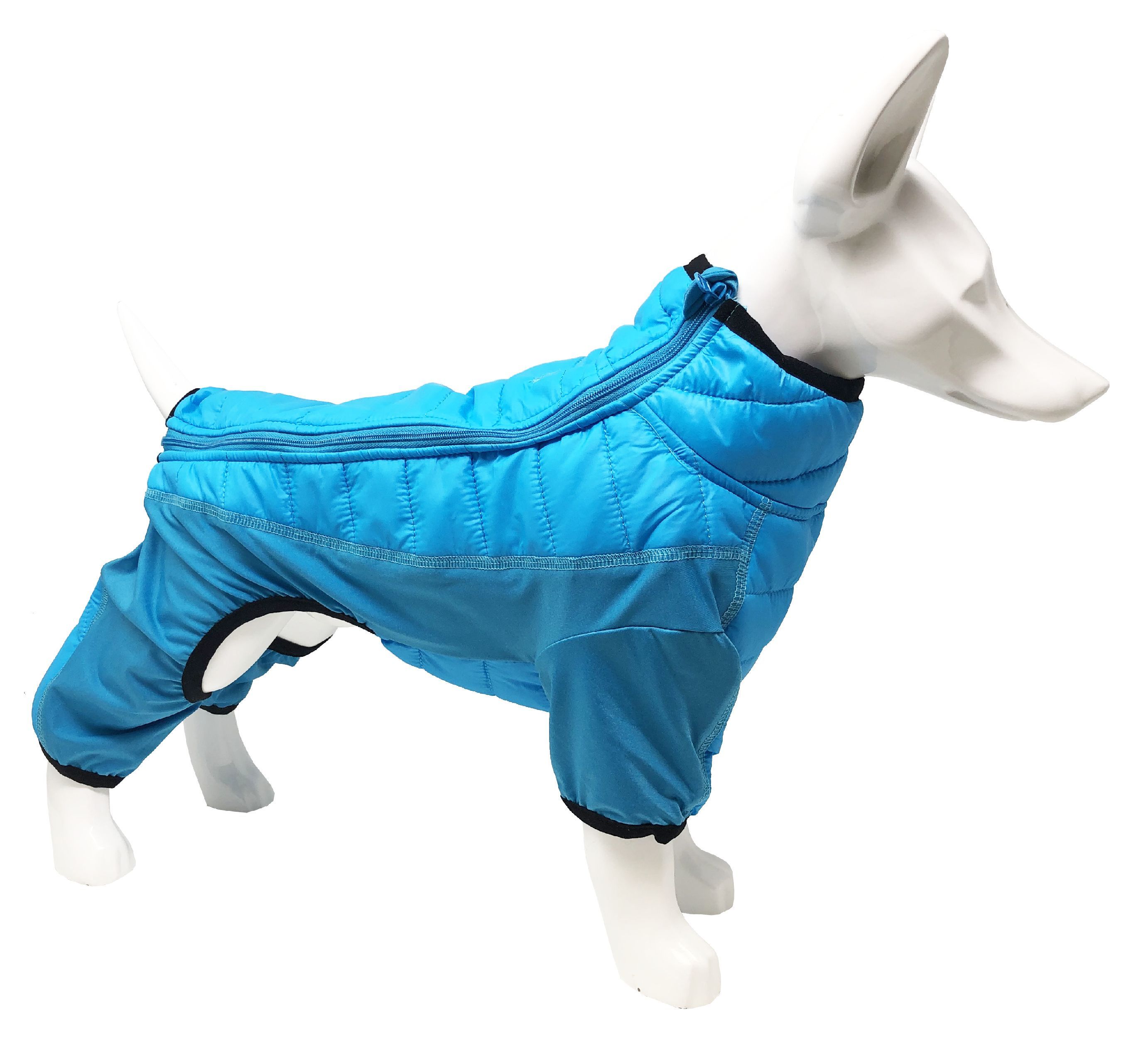 Sky blue dog jacket with padded chest, adjustable collar, and elastic leg hems