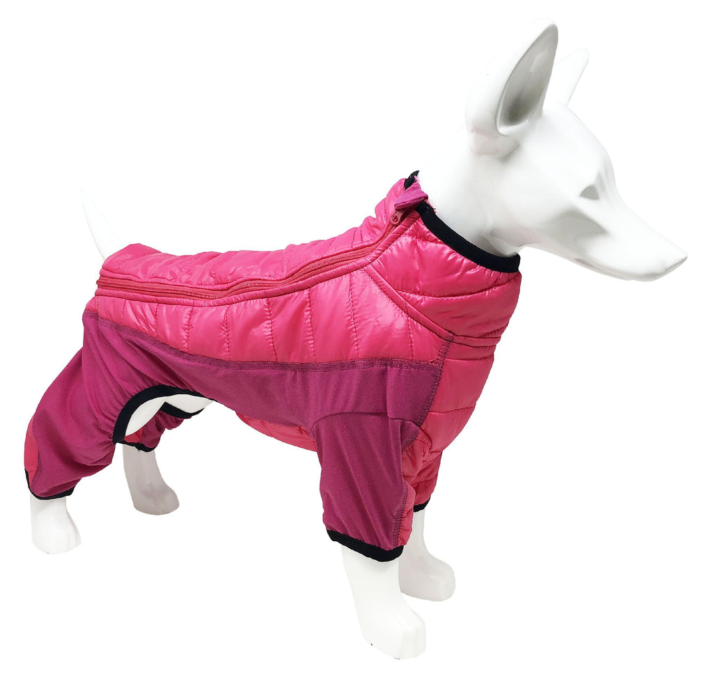 Pink dog jacket with black trim, full-body coverage and leg openings