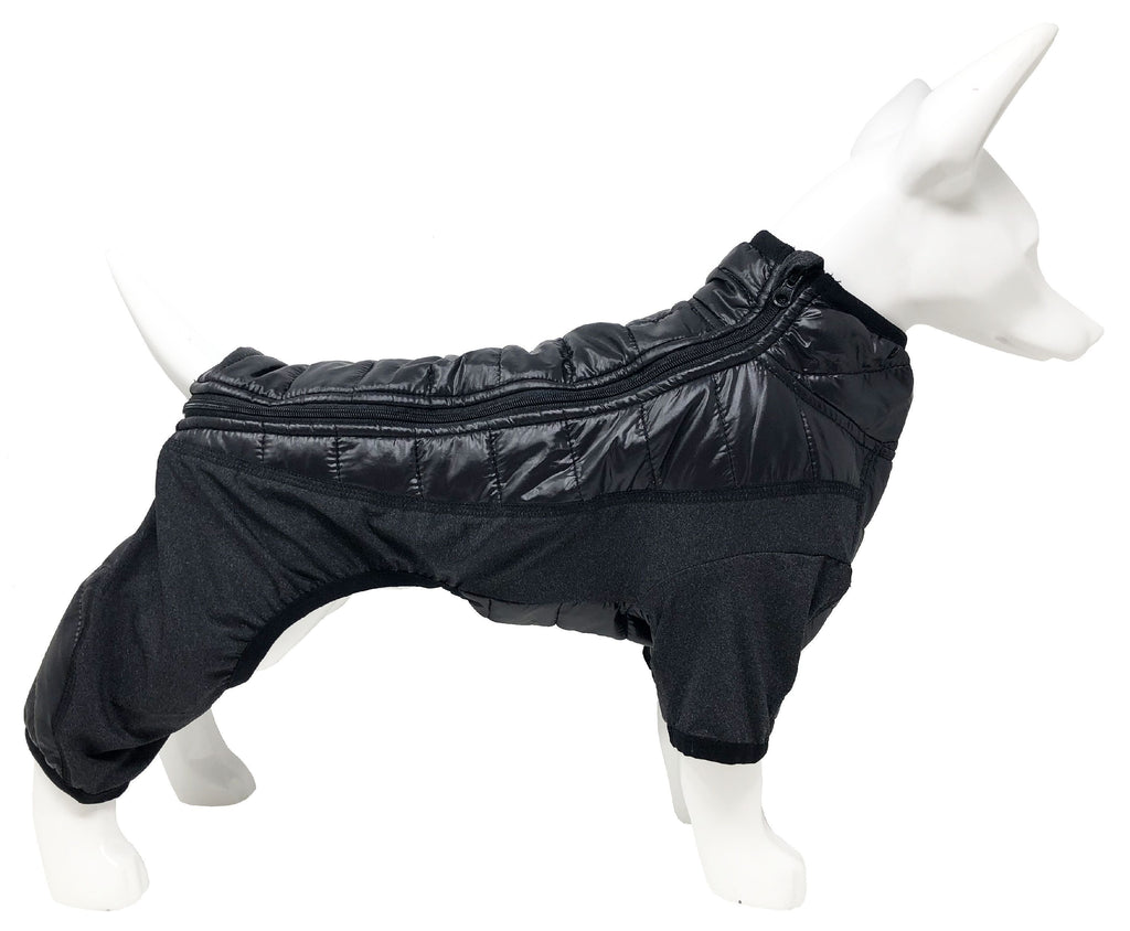Black dog full-body jacket with quilted back, vented shoulder, and leg openings