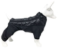 Black dog full-body jacket with quilted back, vented shoulder, and leg openings