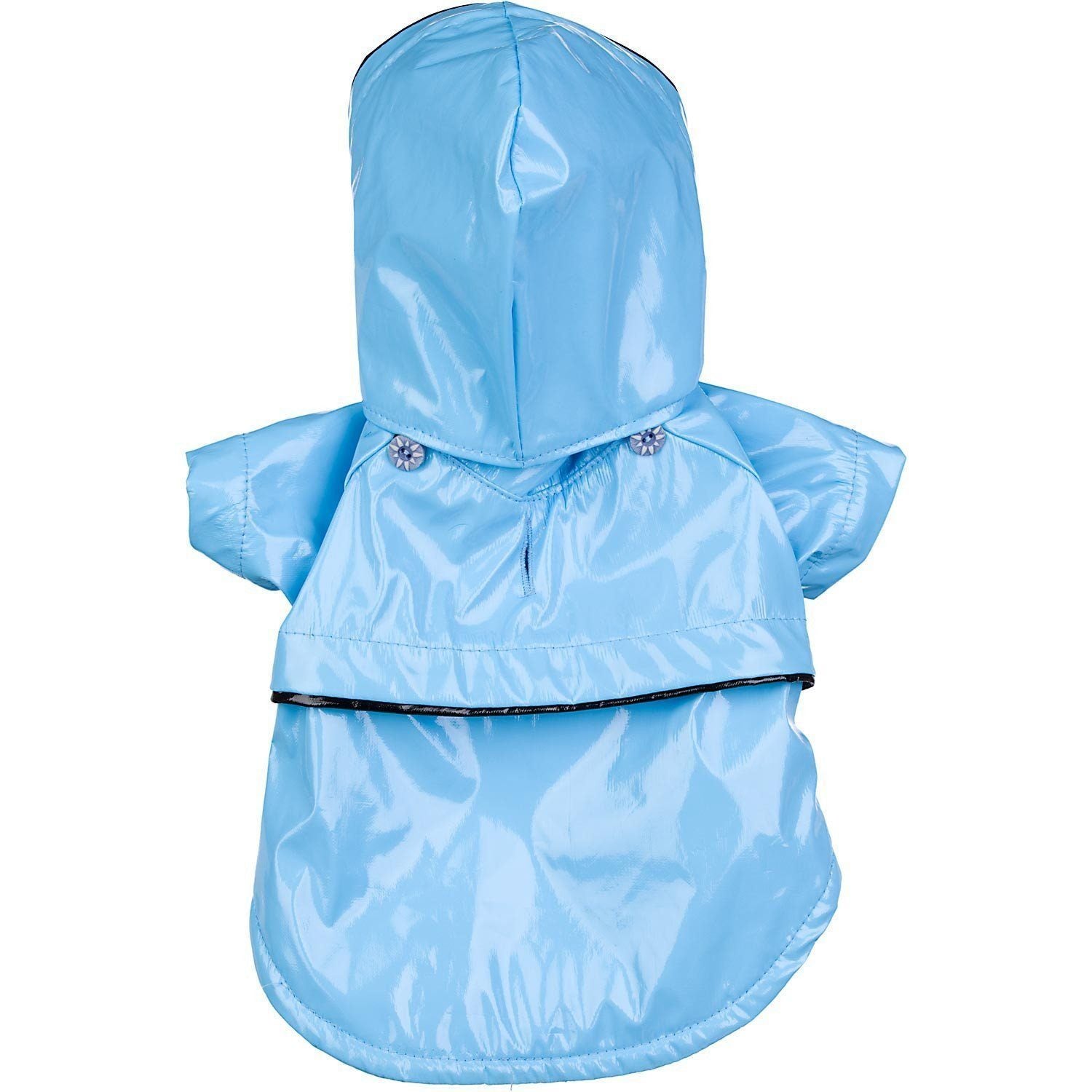 Baby blue hooded dog raincoat back view with black-trimmed opening