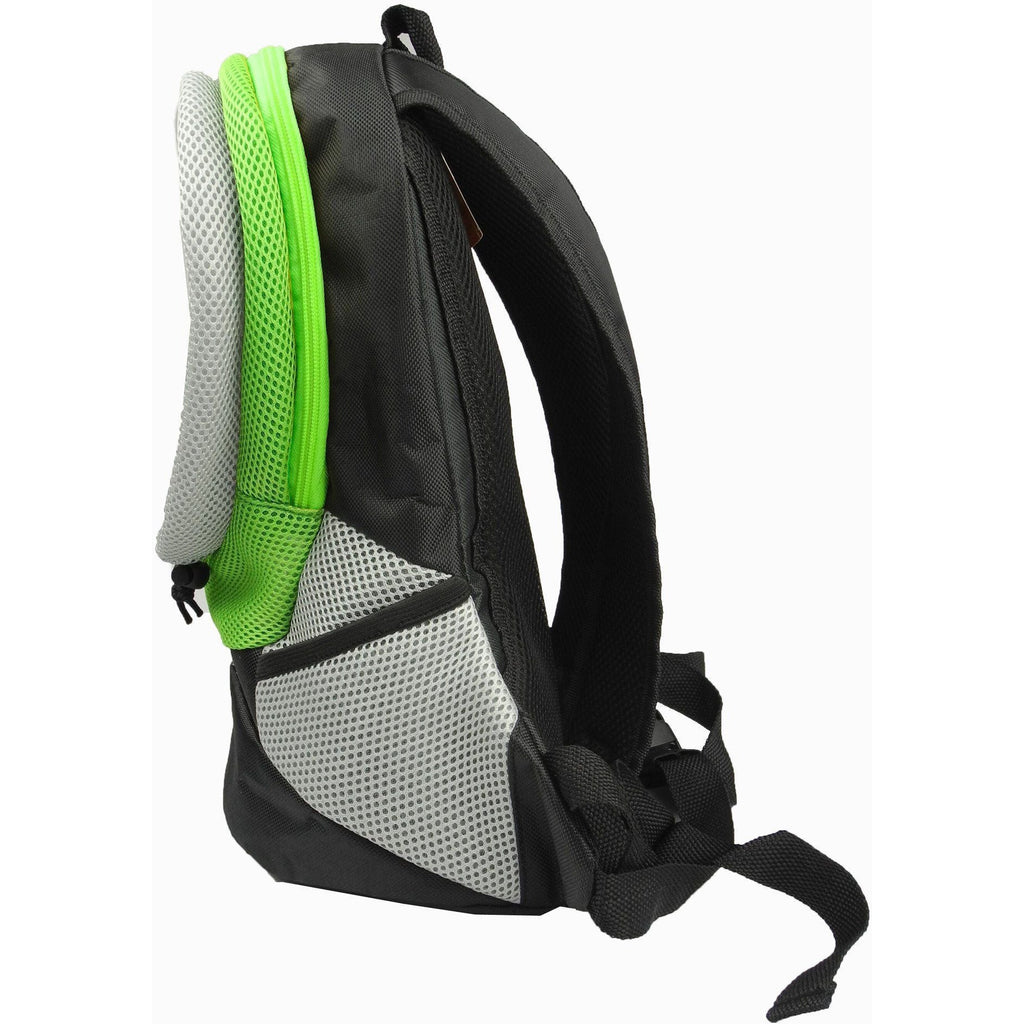 Green and black dog backpack carrier with gray mesh panel; side view of front pocket.