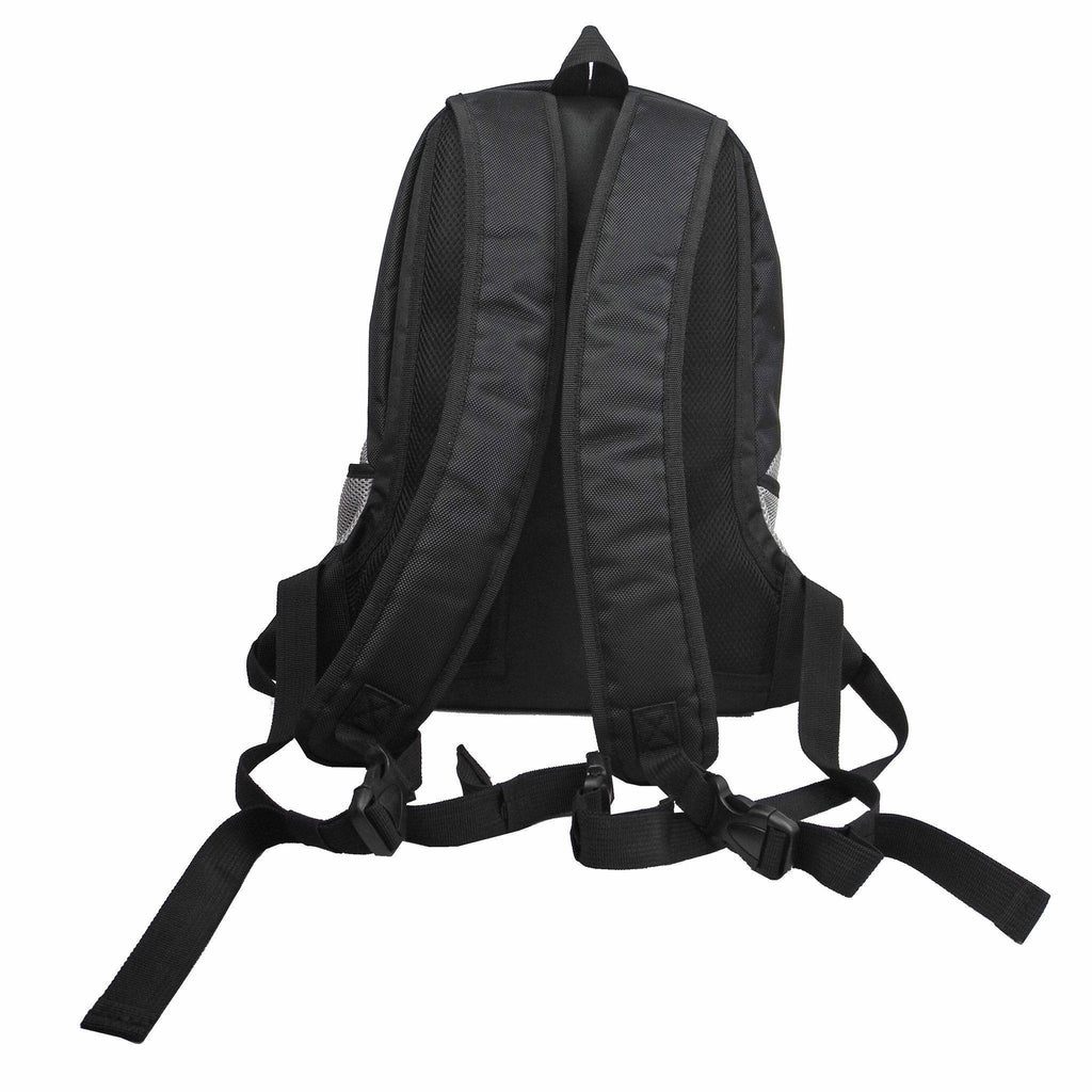Black dog backpack carrier with padded shoulder straps; back view with adjustable bands.