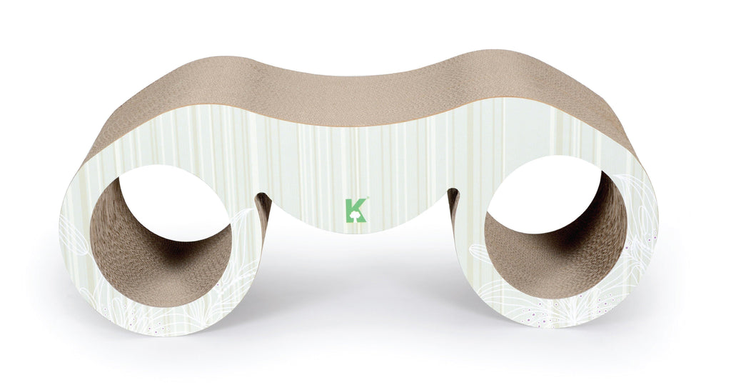 Cat scratcher lounger with three circular openings, beige and light blue curved base