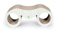 Cat scratcher lounger with three circular openings, beige and light blue curved base