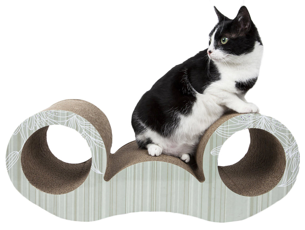 Black-and-white cat lounging on curved cat scratcher with three circular scratch areas
