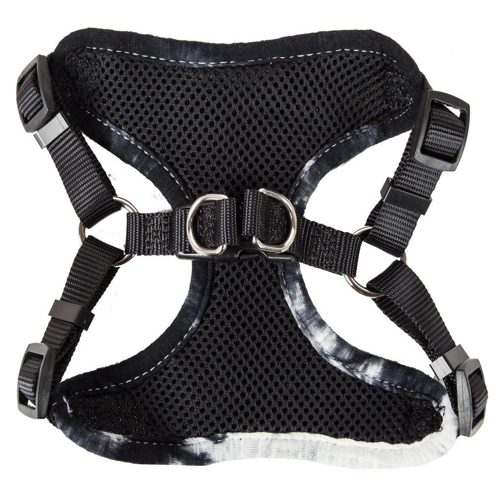Black mesh dog harness back panel with adjustable straps and double metal rings