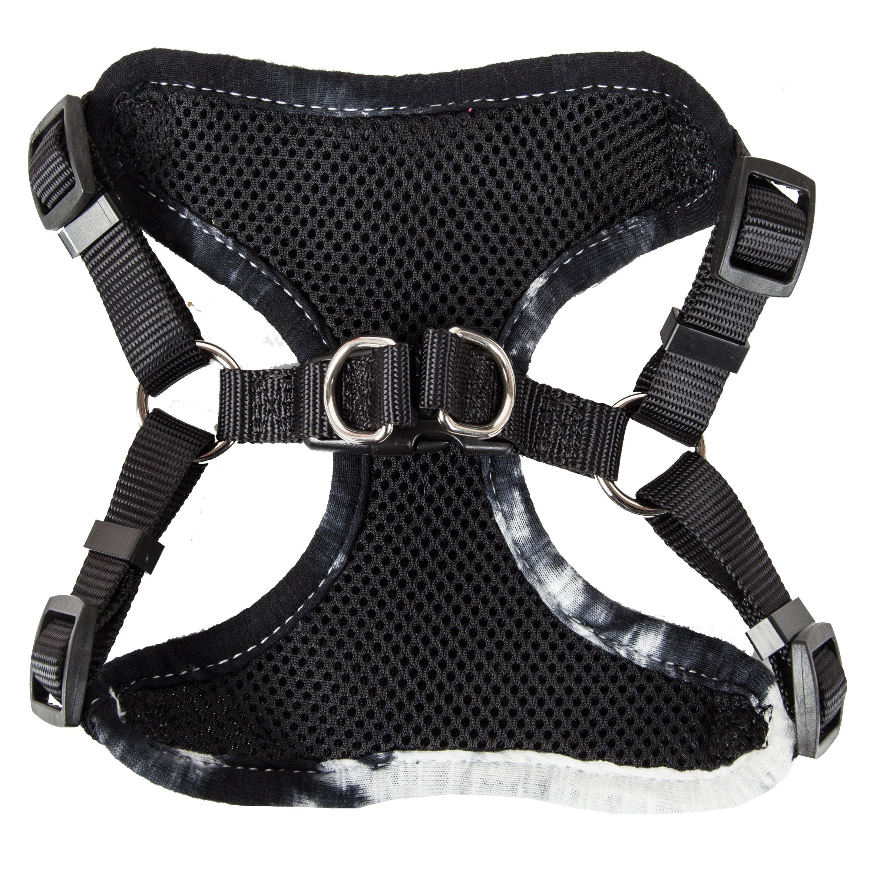 Black mesh dog harness back panel with adjustable straps and double metal rings