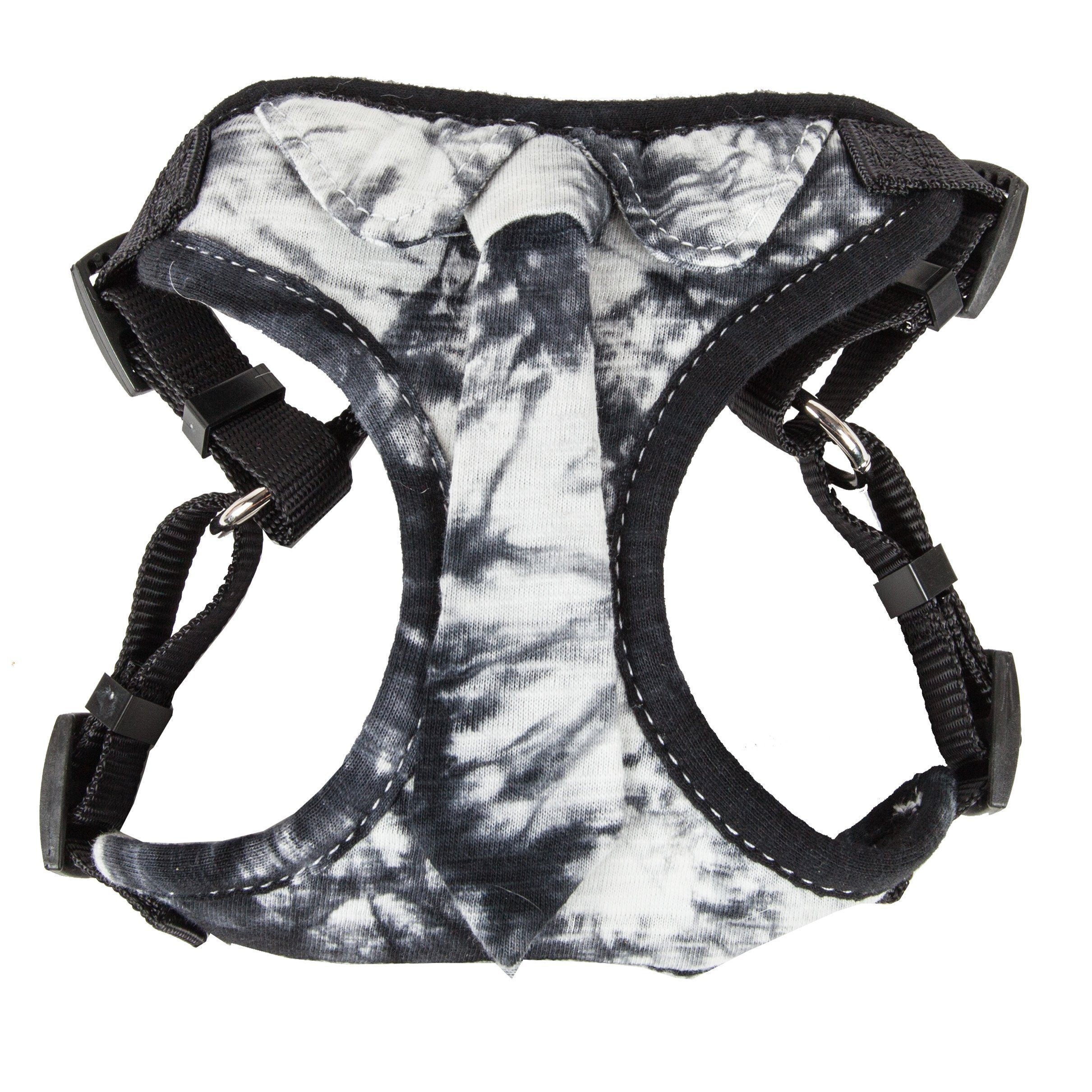 Black-and-white tie-dye fabric dog harness with adjustable black straps and clips