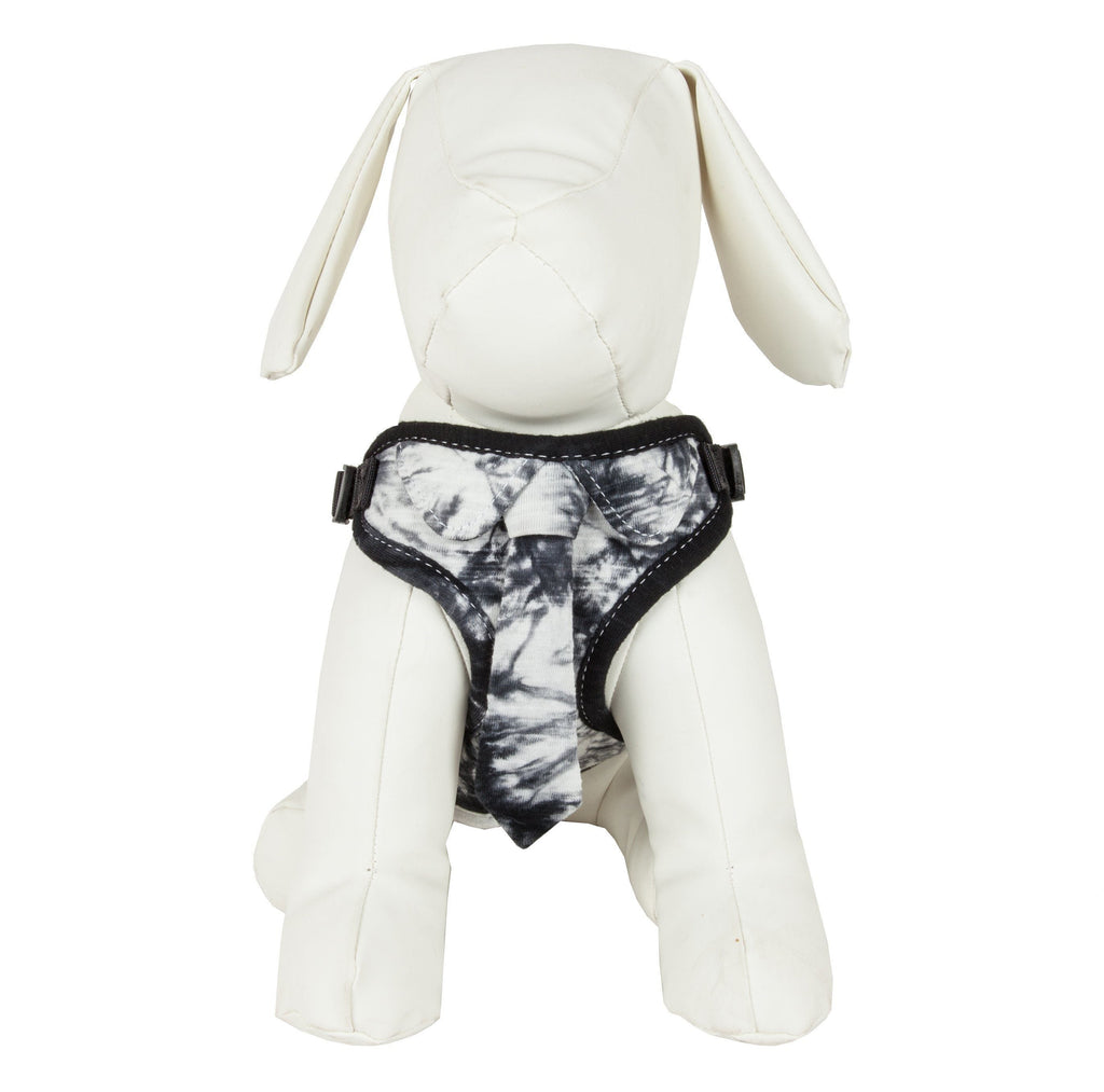 Black-and-white mesh dog harness with adjustable straps and patterned designer neck tie