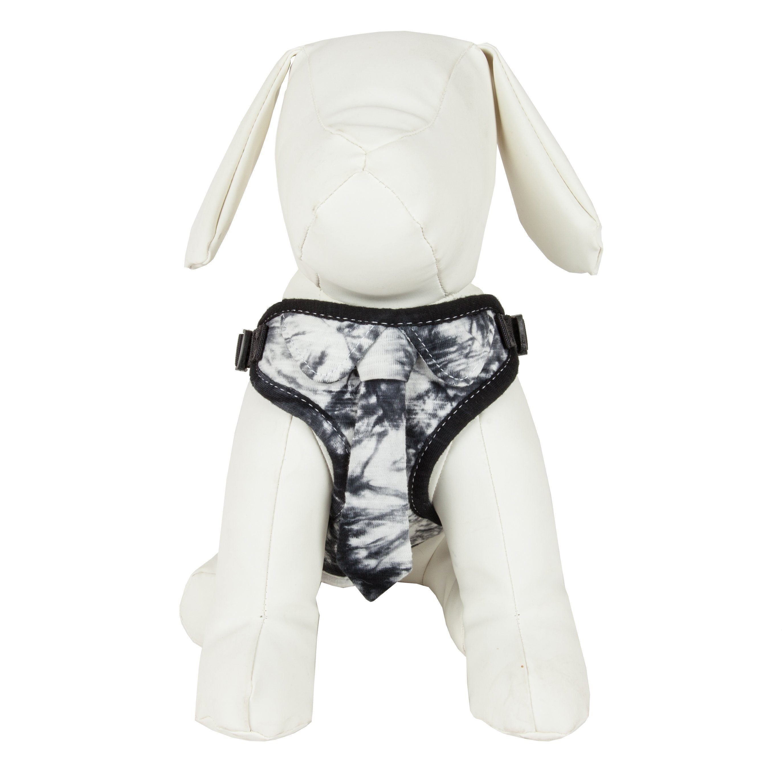 Black-and-white mesh dog harness with adjustable straps and patterned designer neck tie