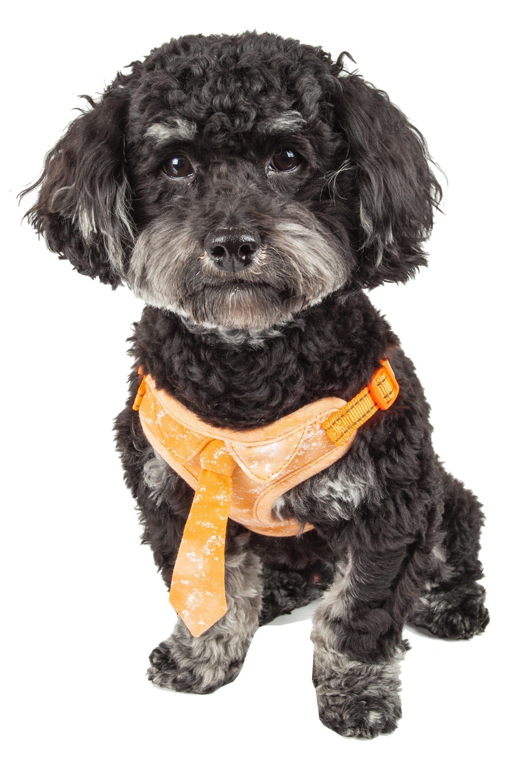 Orange mesh dog harness with adjustable straps and neck tie
