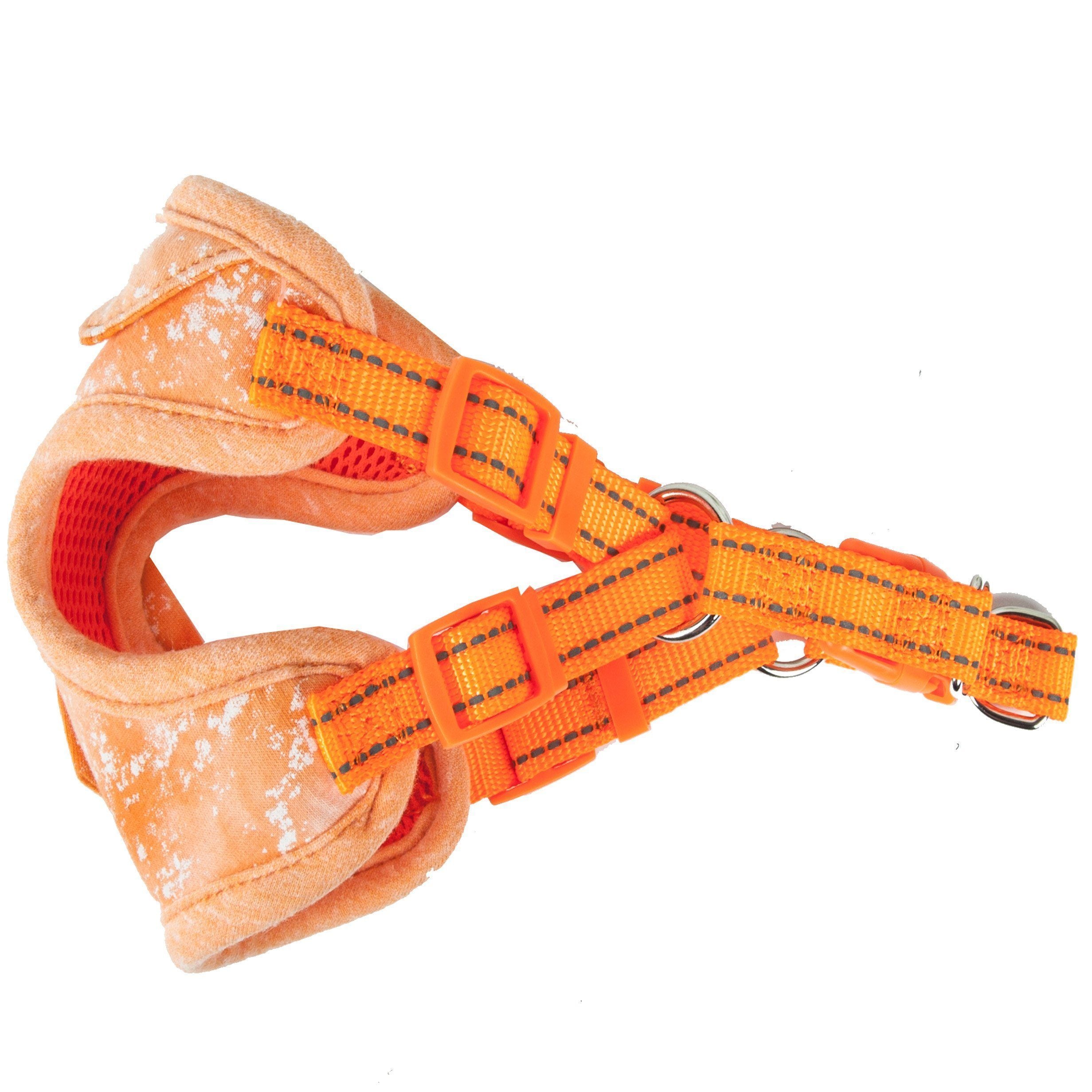 Orange tie-dye dog harness with neck tie and front D-ring hardware