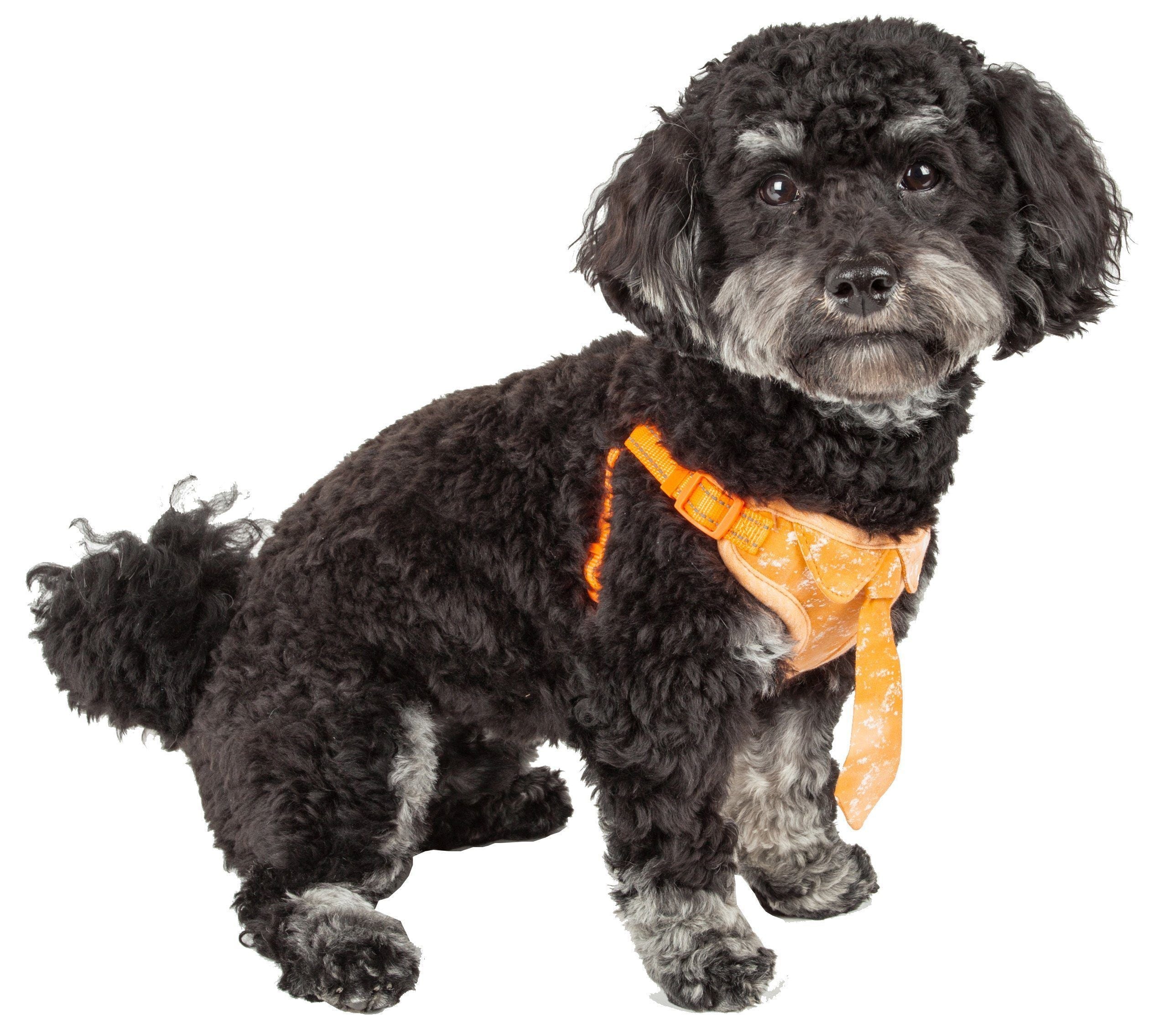 Curved view of orange dog harness with neck tie and adjustable shoulder straps