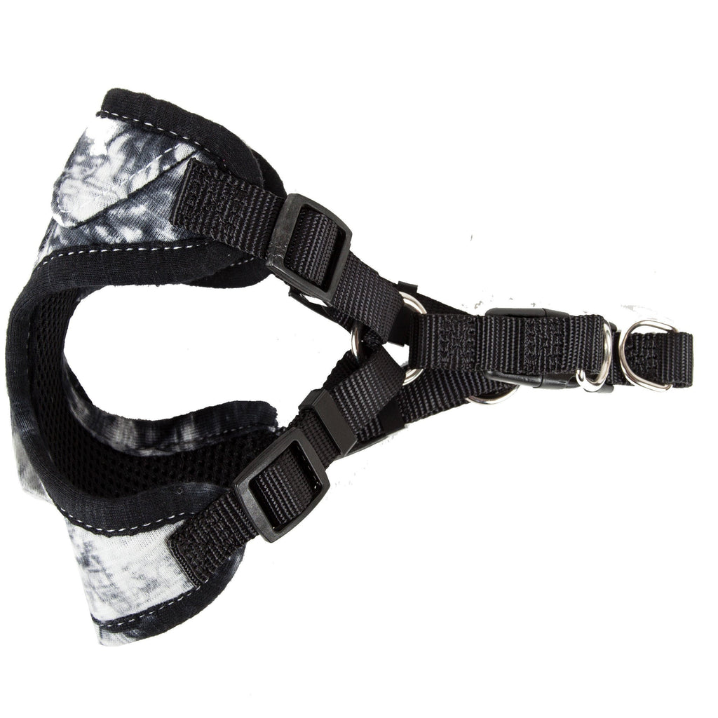 Black-and-white tie-dye dog harness neck tie with adjustable strap and metal rings