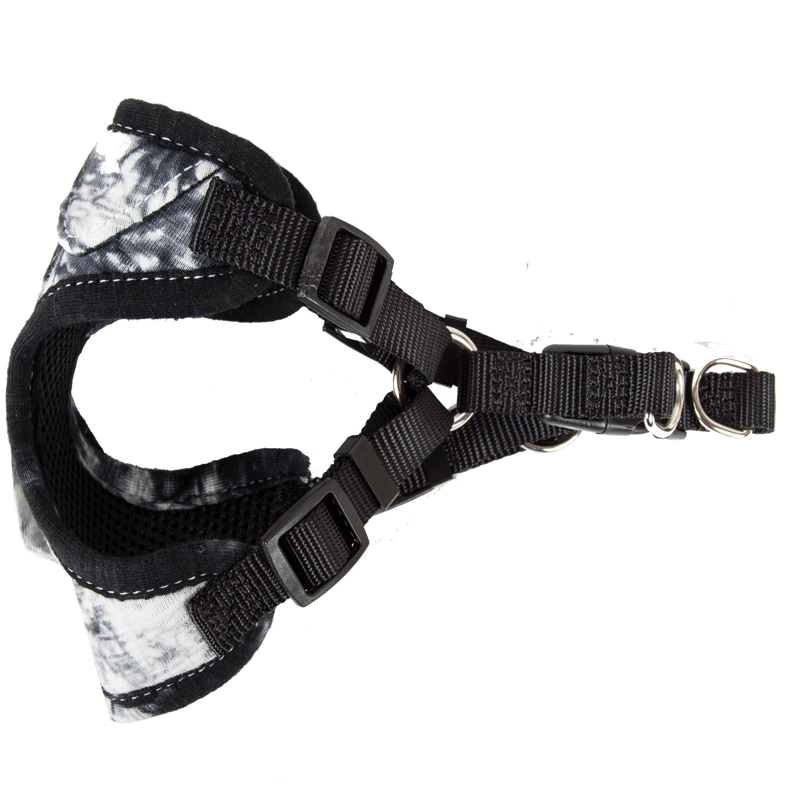 Black-and-white tie-dye dog harness neck tie with adjustable strap and metal rings