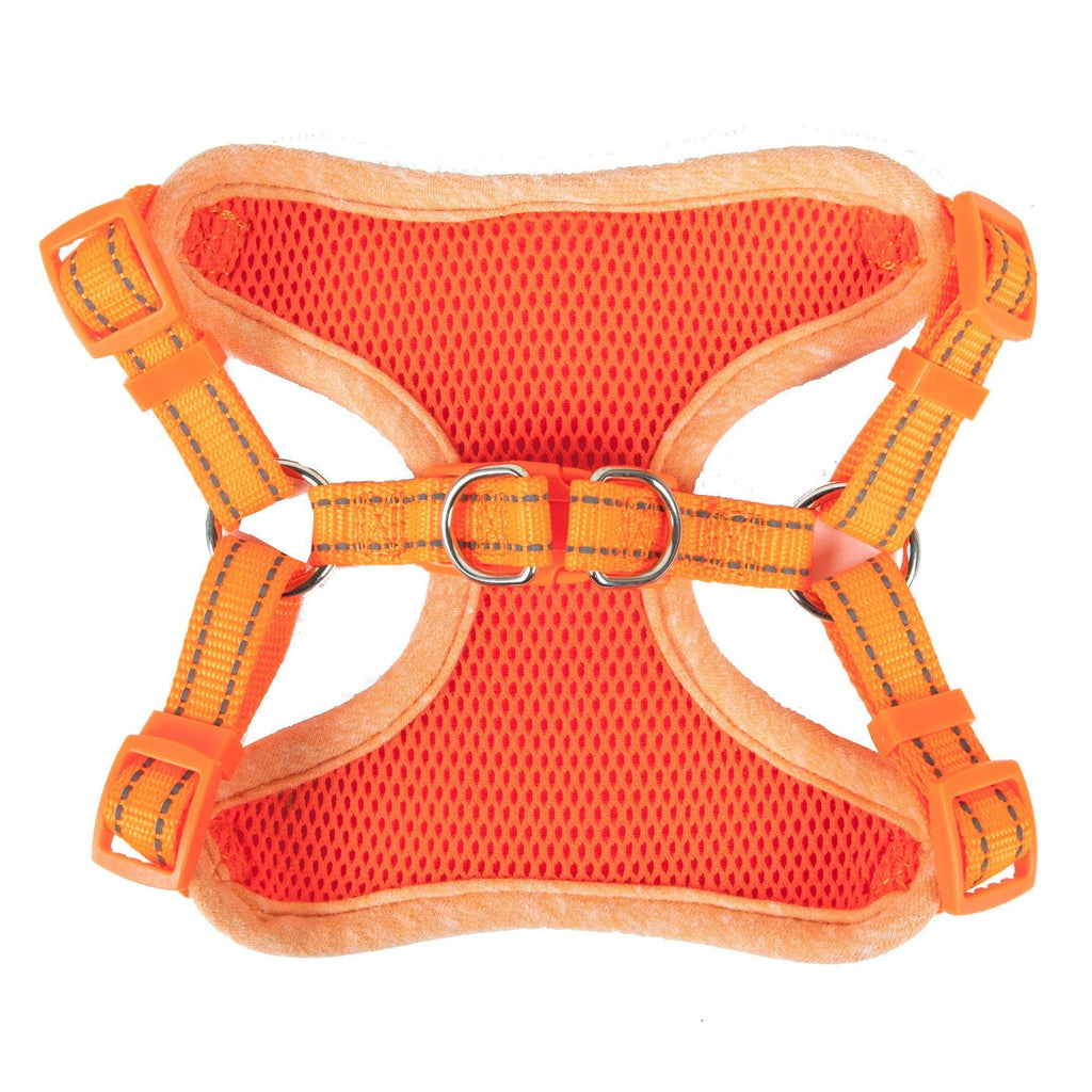 Orange mesh dog harness with front cross straps and large metal buckle ring