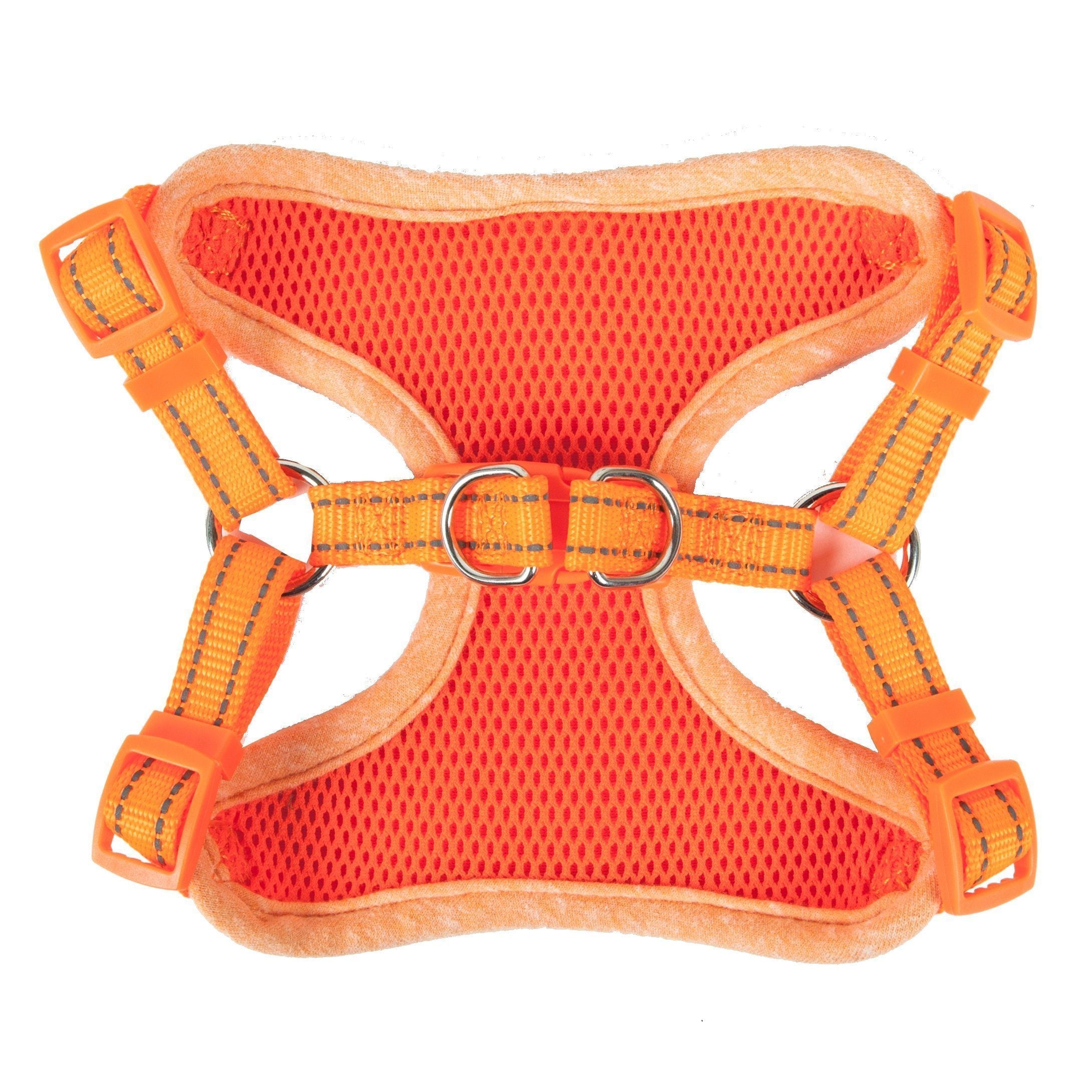 Orange mesh dog harness with front cross straps and large metal buckle ring