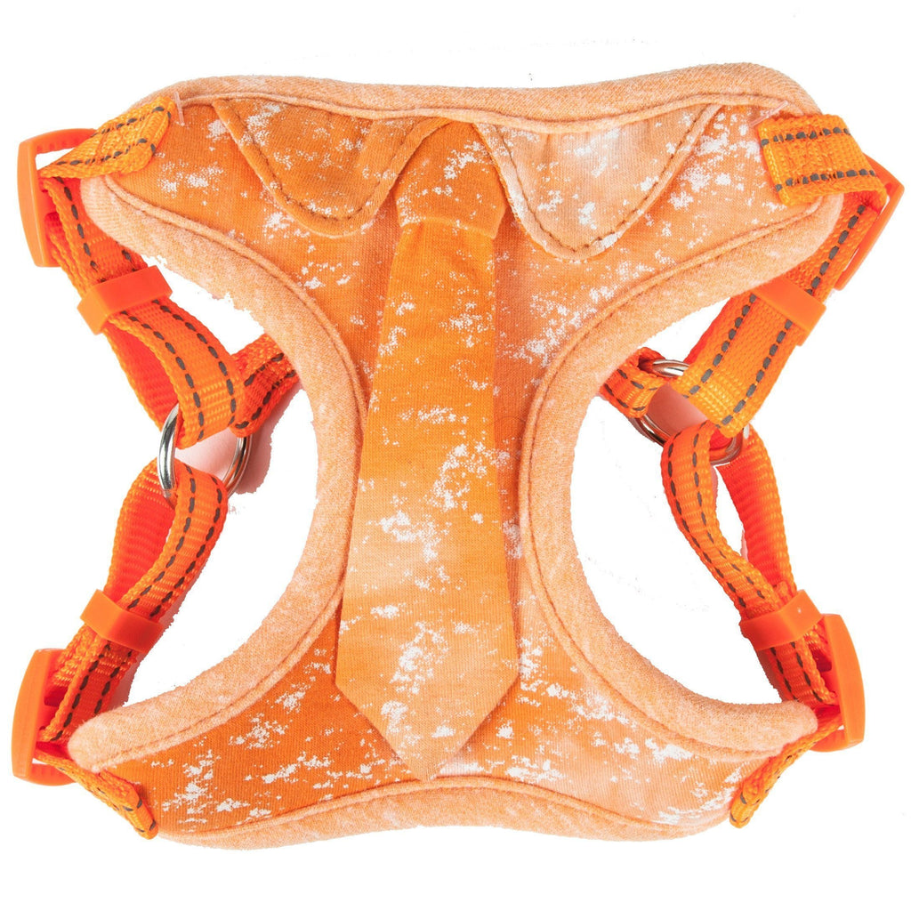 Orange fabric dog harness with adjustable straps and metal ring hardware