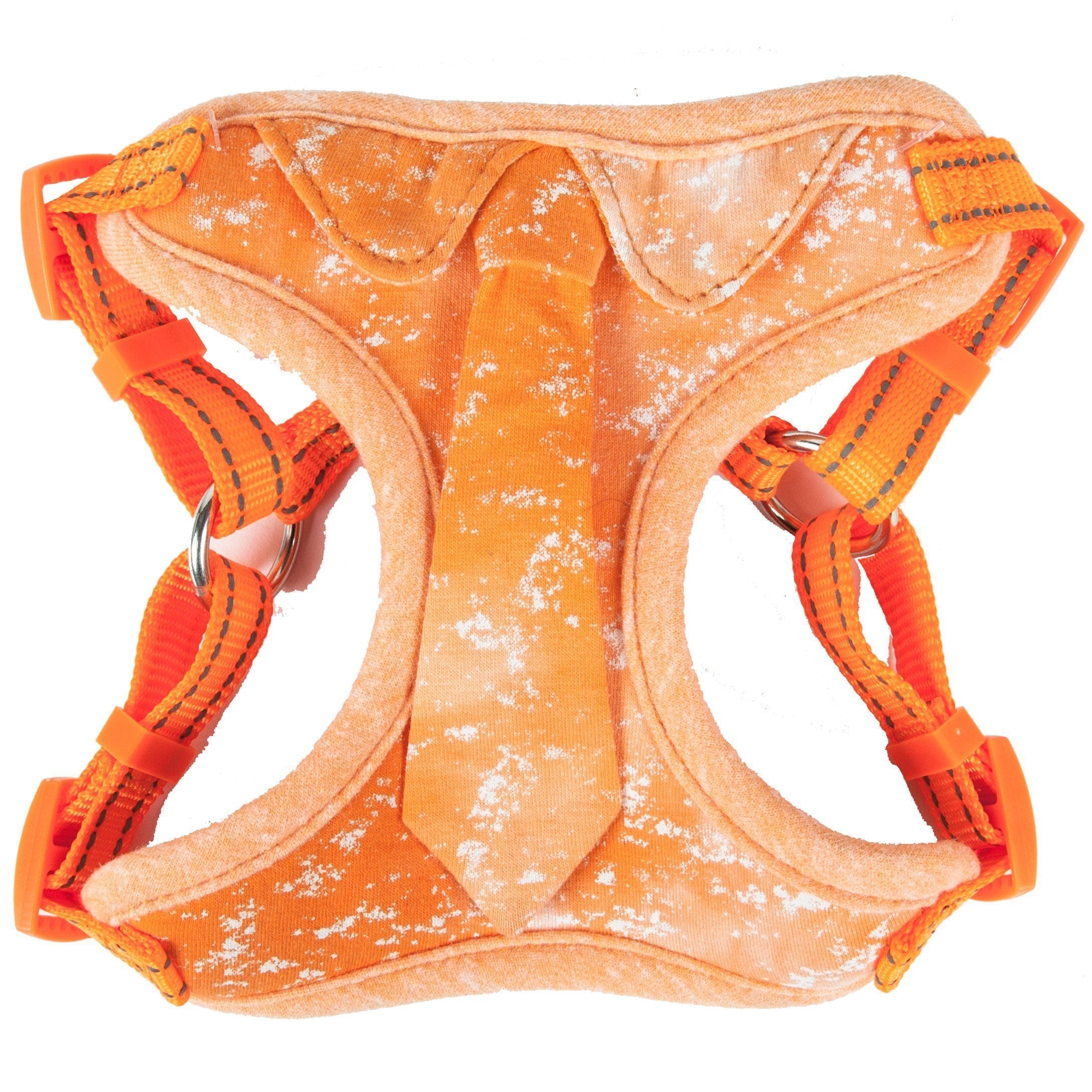 Orange fabric dog harness with adjustable straps and metal ring hardware