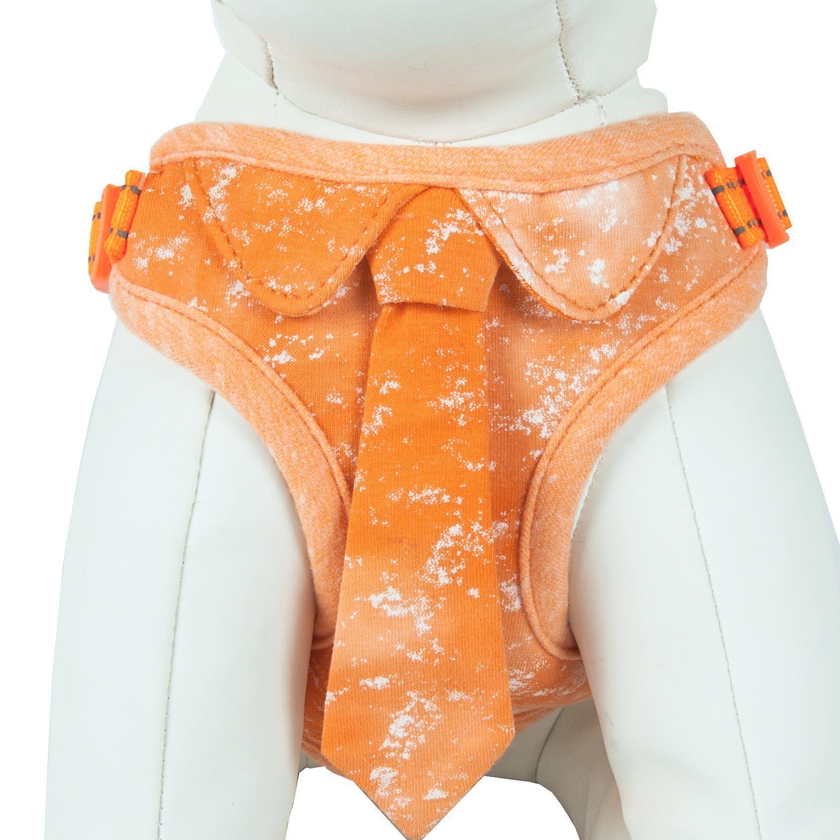 Orange speckled dog harness with adjustable straps and matching designer neck tie