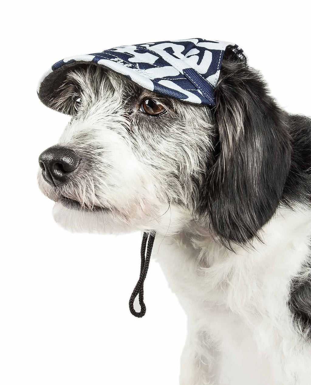 Graffiti-style dog bucket hat, navy and white camo print, worn with chin cord