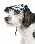 Graffiti-style dog bucket hat, navy and white camo print, worn with chin cord