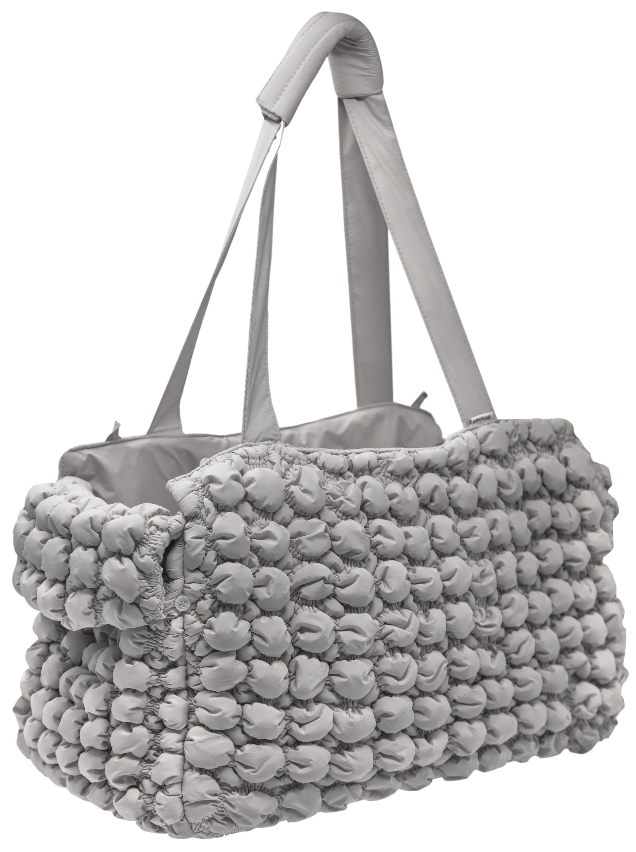 Ultra-plush pet carrier with bubble texture and dual handles, gray.